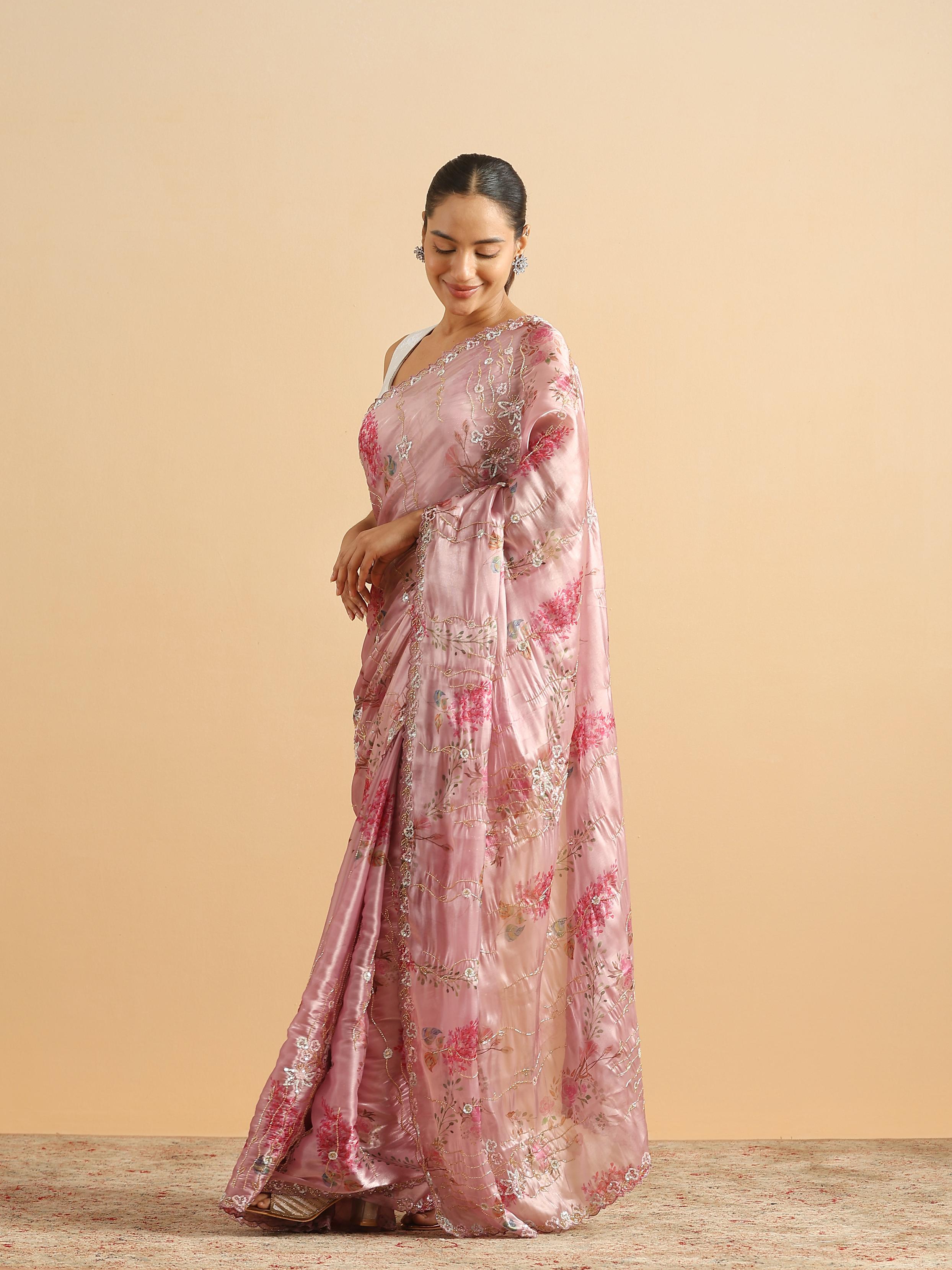 Twamev Women Majestic Purple Floral Organza Saree