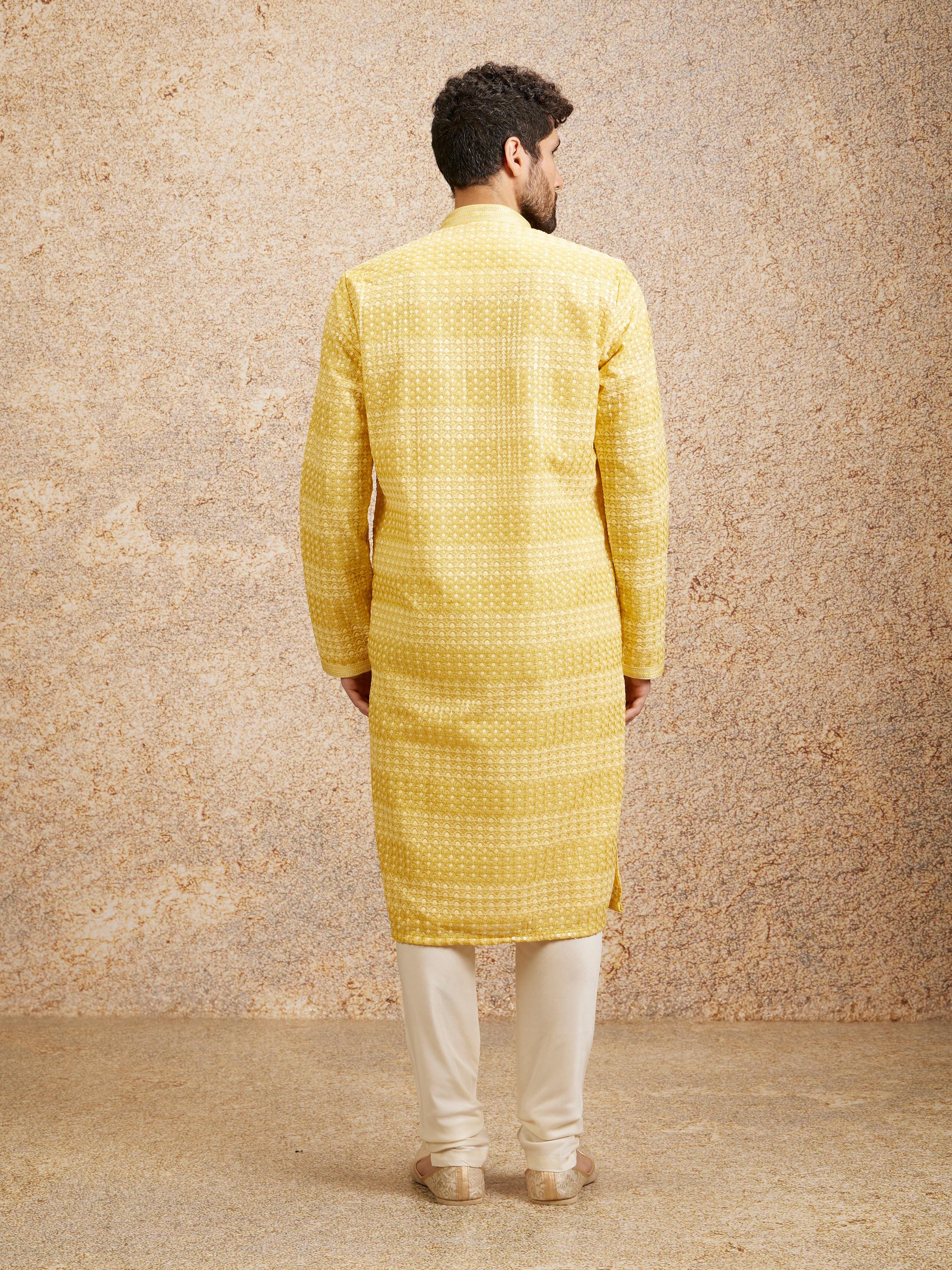 Twamev Men Sparkling Yellow Georgette Kurta Pajama