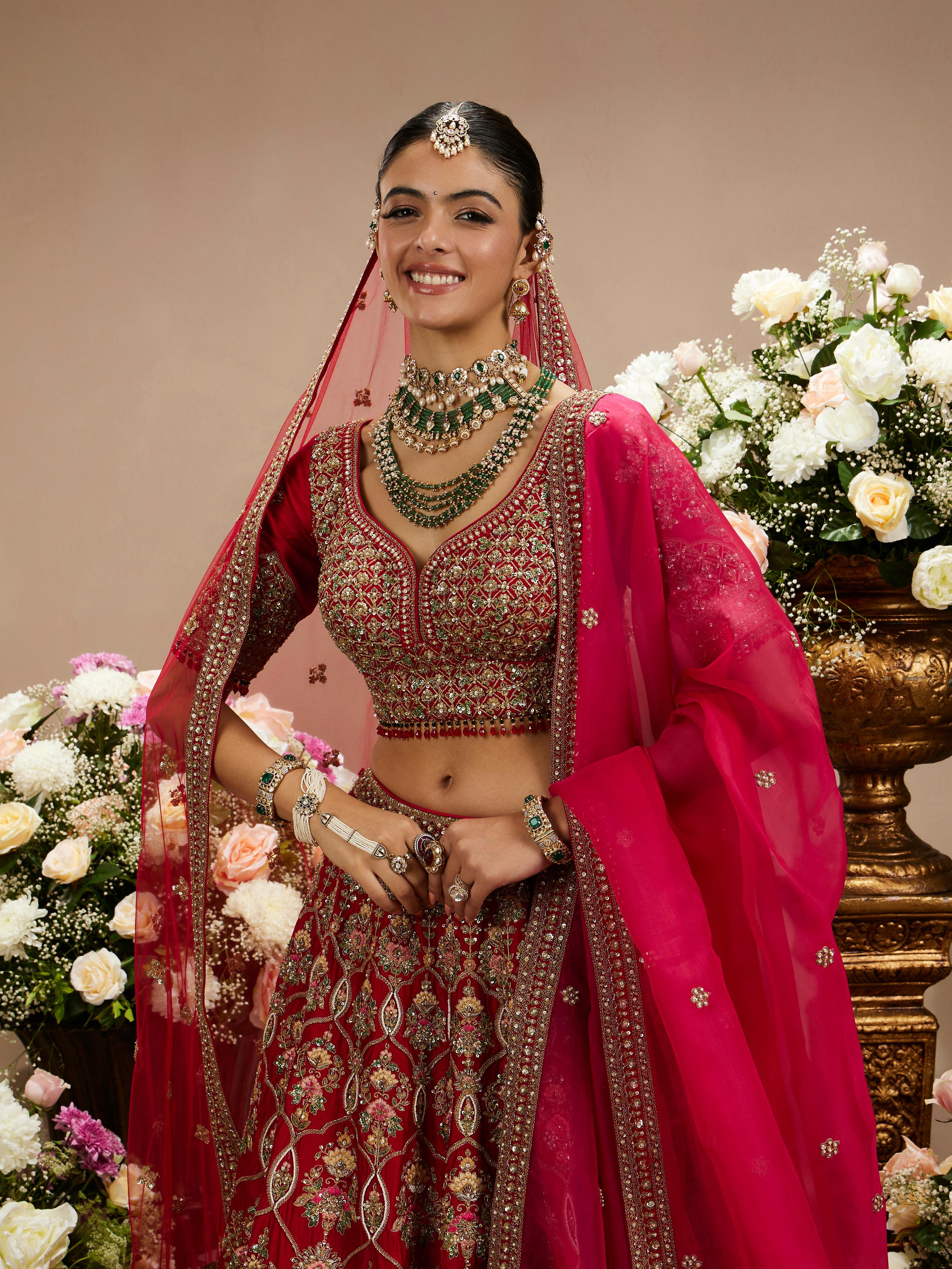 Twamev Women Scarlet Red Jaal Patterned Lehenga with Darbar, Floral Motifs And Sequin Work