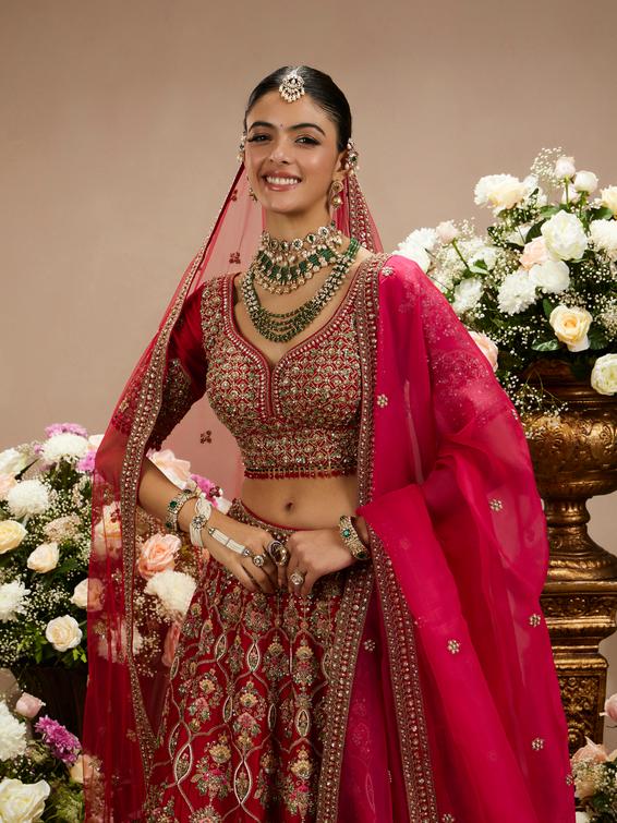 Twamev Women Scarlet Red Jaal Patterned Lehenga with Darbar, Floral Motifs And Sequin Work