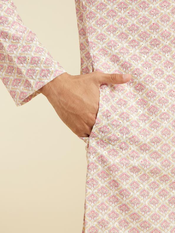 Diwas Men Bubblegum Pink Chikankari Printed Kurta