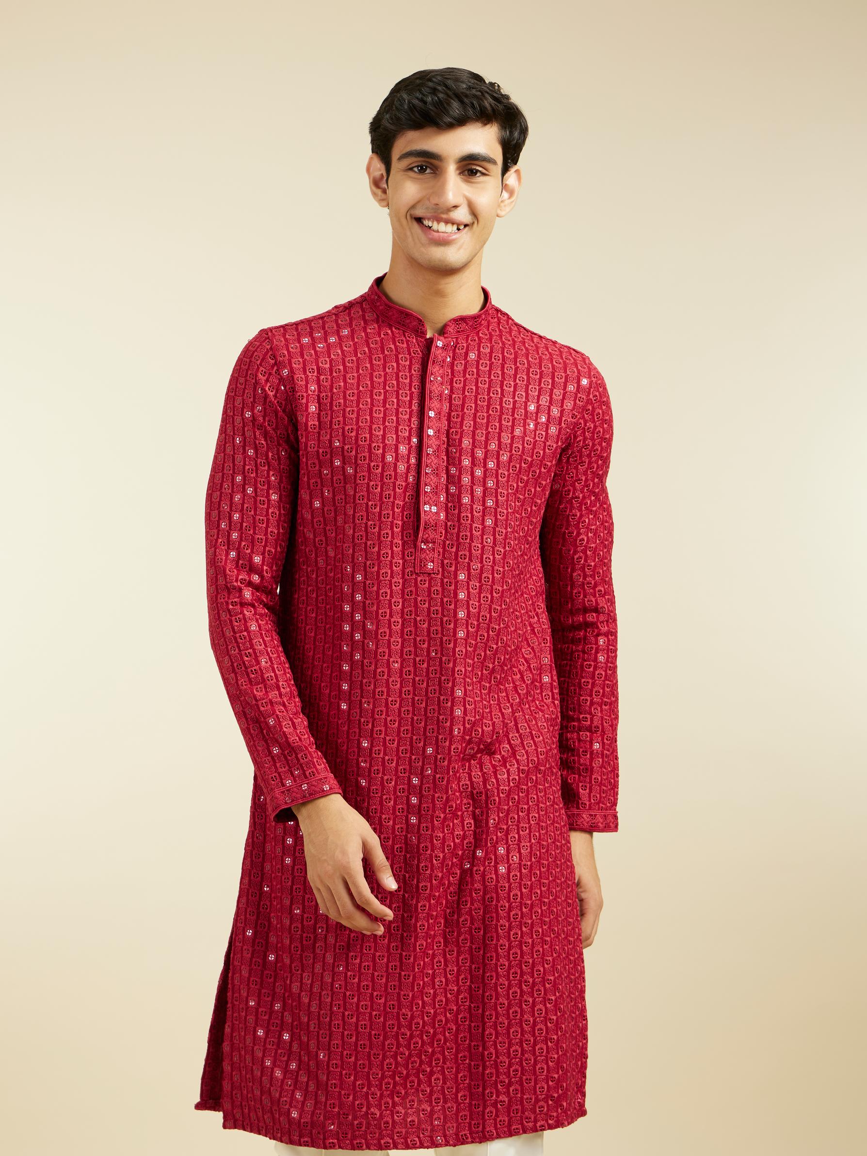 Diwas Men Maroon Red Chikankari Sequinned Kurta