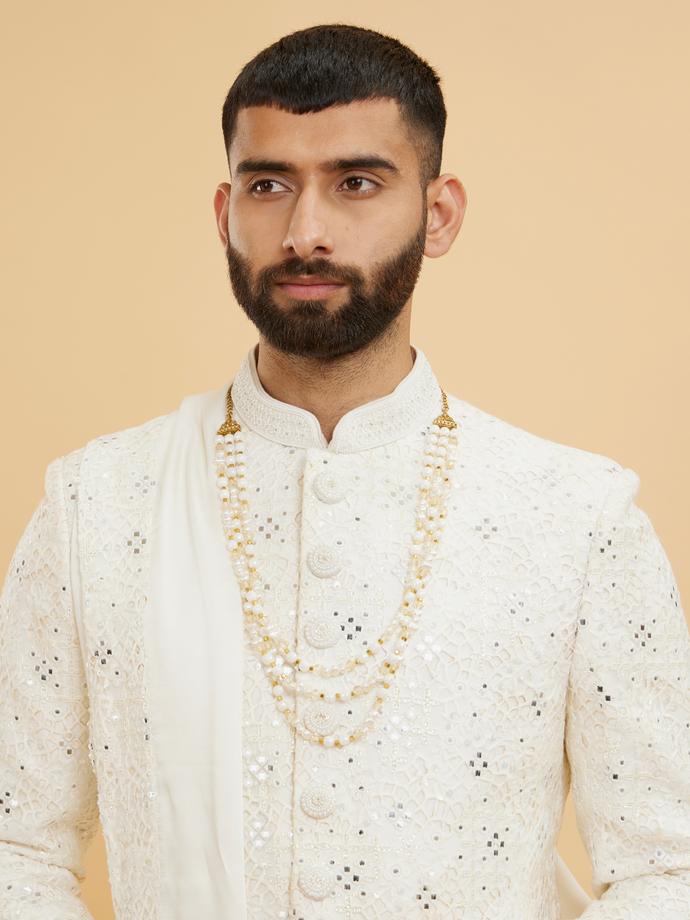 Twamev Men Cream White Cut Out Jaal Patterned Sherwani Set with Mirror Work