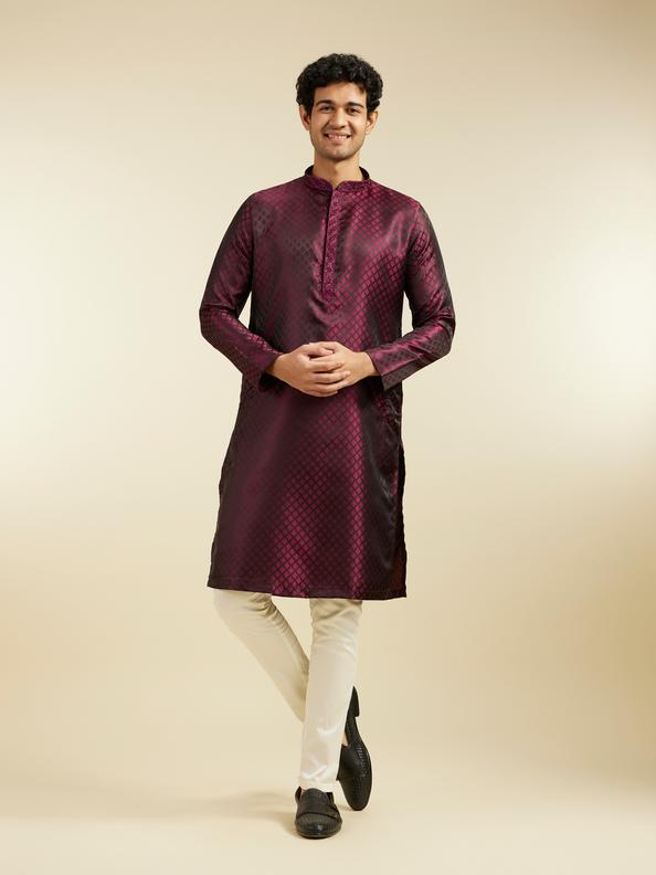 Diwas Men Wine Red Buta Jaal Patterned Kurta with Embroidered Neckline