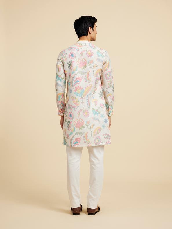 Diwas Men Cream White Floral Printed Kurta