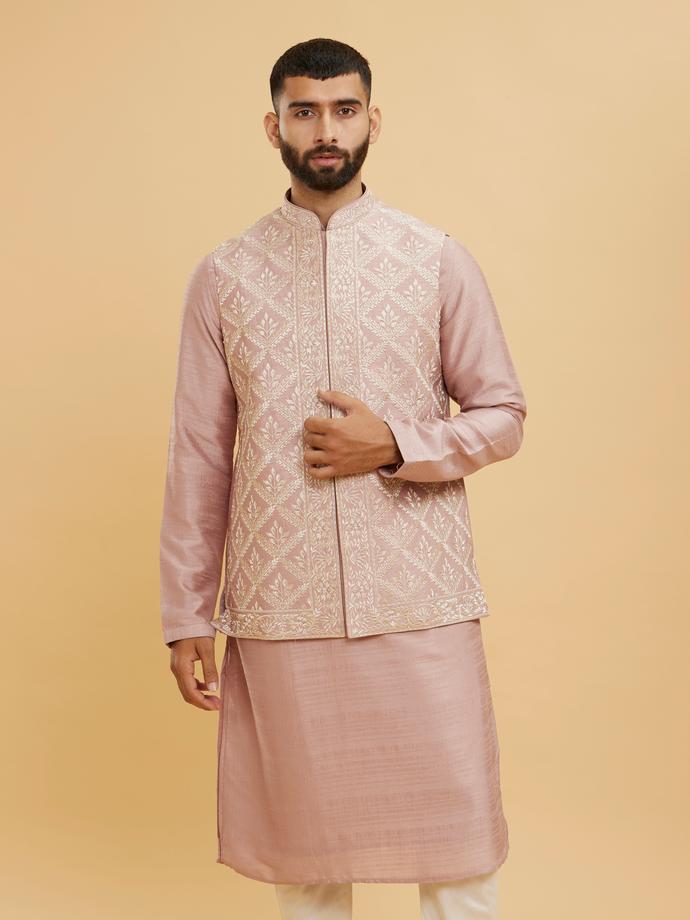 Twamev Men Dusty Pink Jacket Set with Fern Motifs in Jaal Pattern