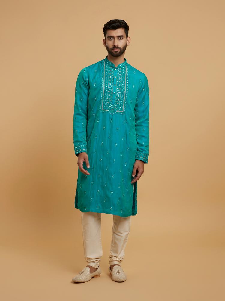 Twamev Men Turquoise Blue Satin Kurta Pajama