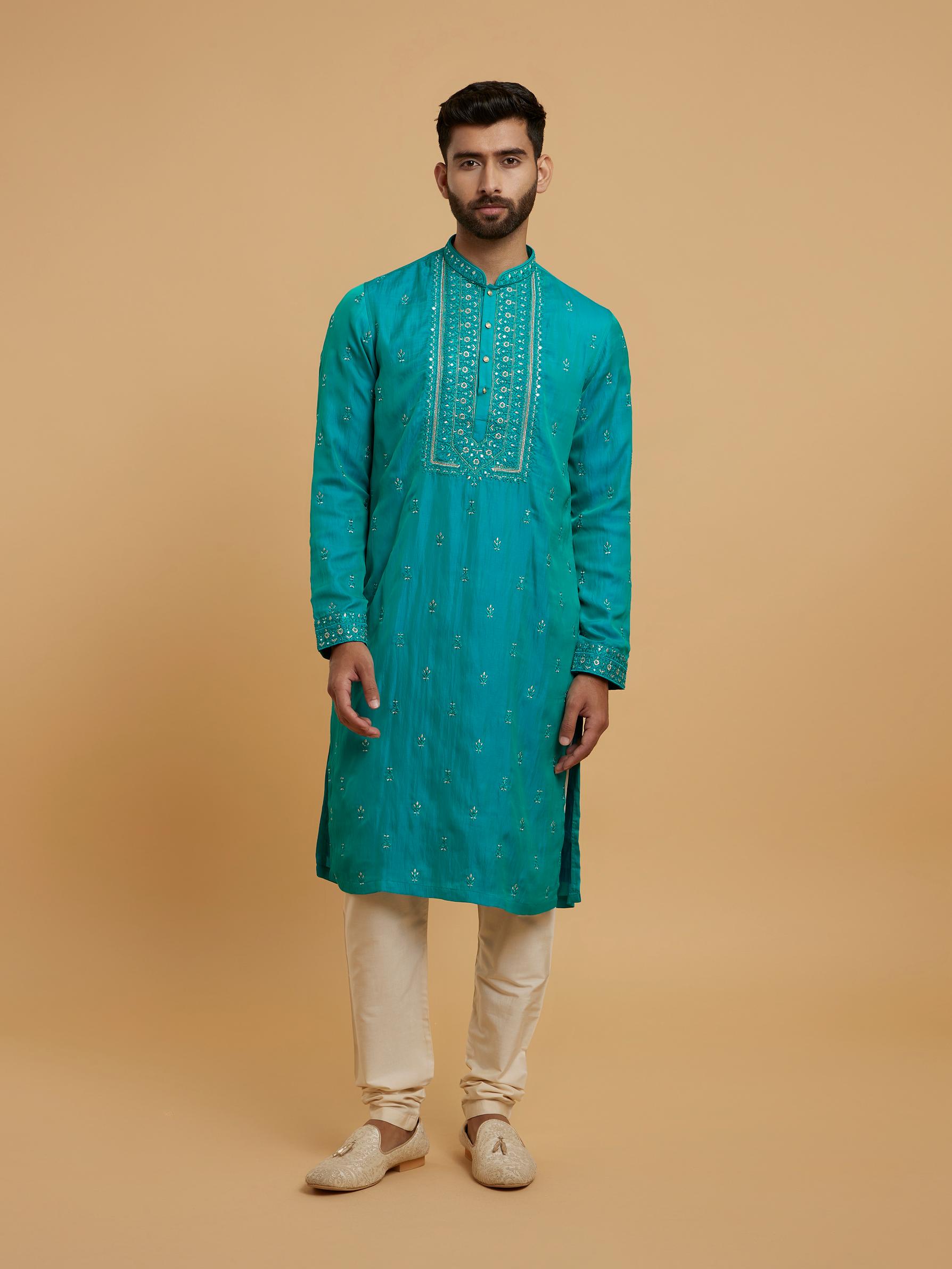 Twamev Men Turquoise Blue Satin Kurta Pajama