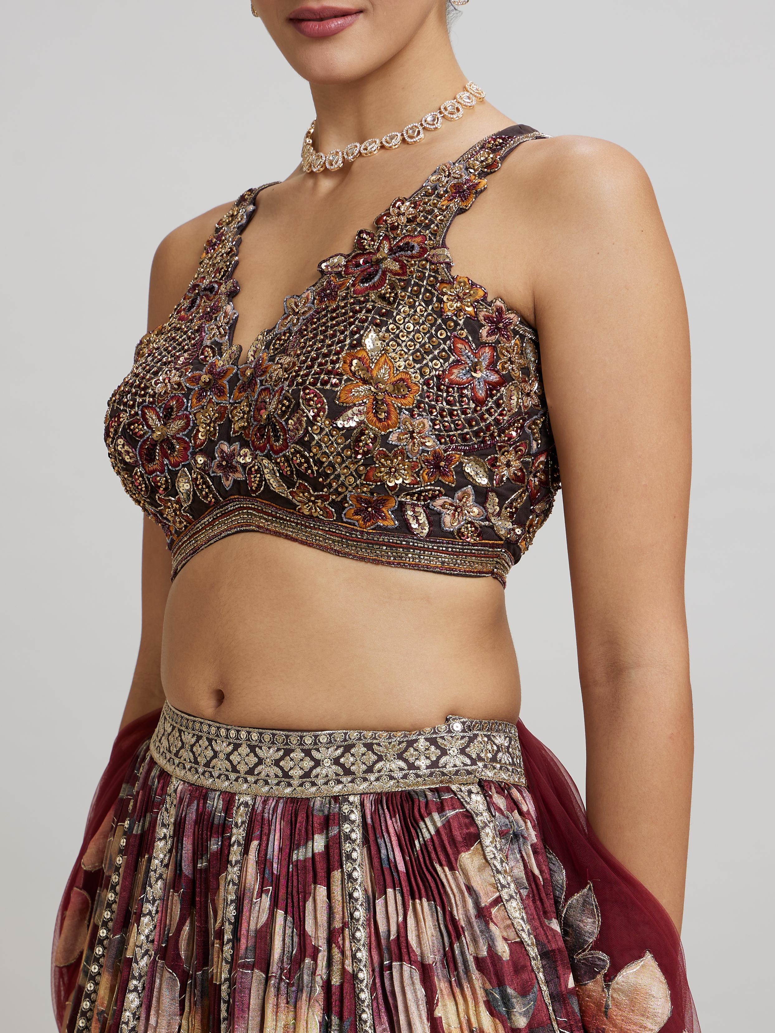 Twamev Women Elegant Maroon Net Lehenga