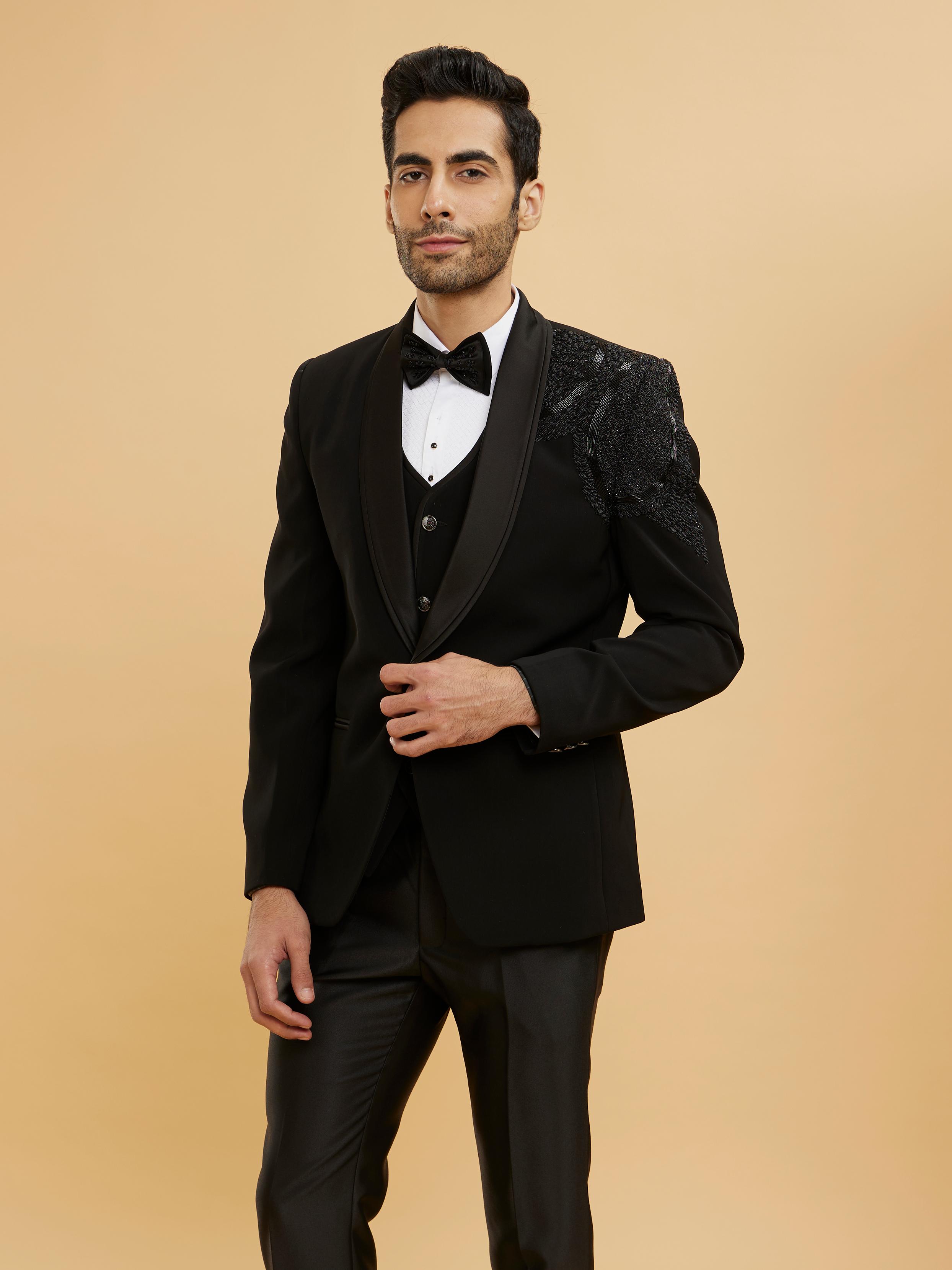 Twamev Men Ebony Black Shawl Collared Tuxedo Suit Set with Rhinestones