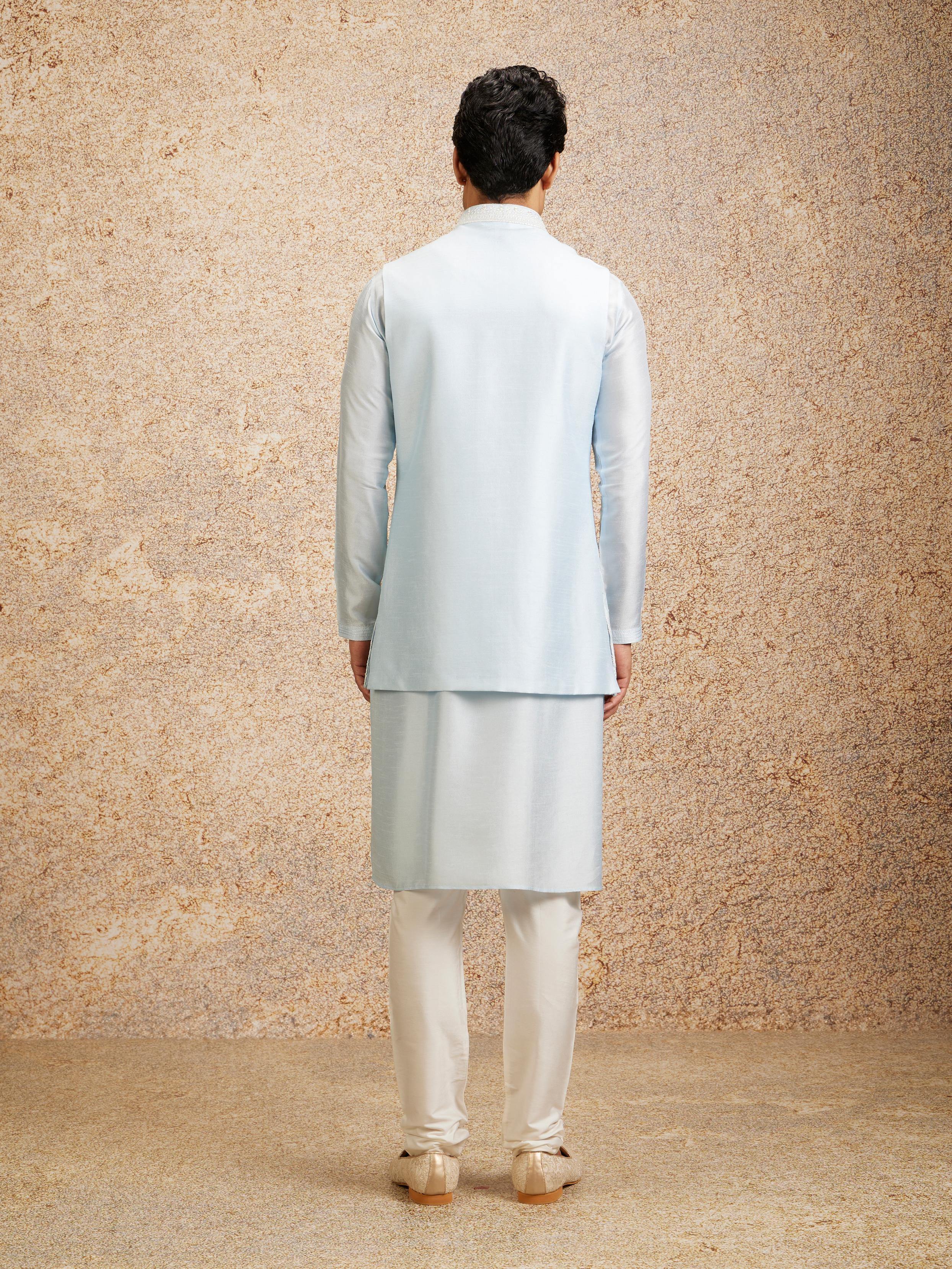 Twamev Men Glistening Light Blue Kurta Jacket Set
