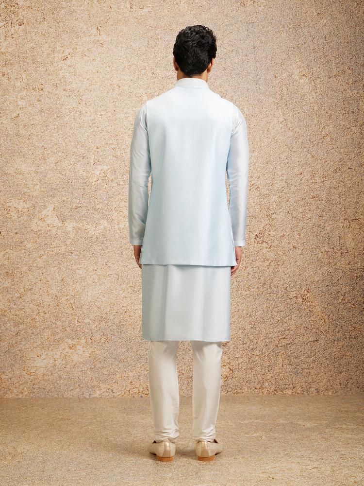 Twamev Men Glistening Light Blue Kurta Jacket Set