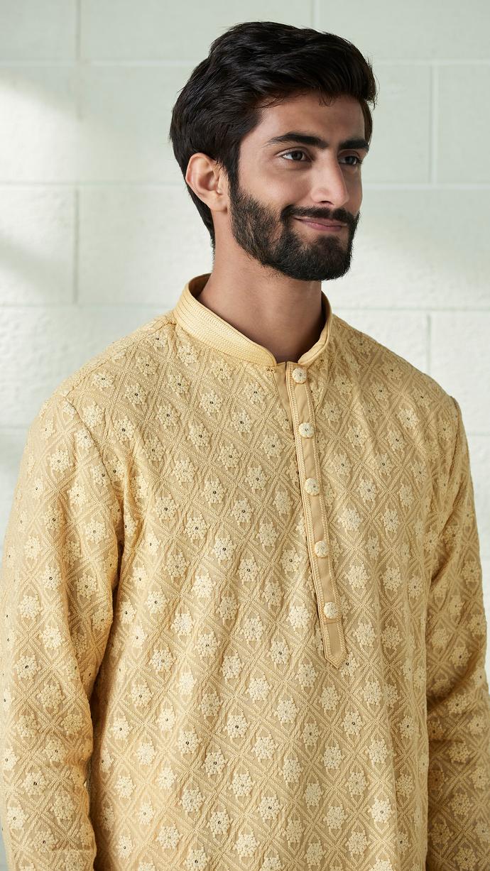 Twamev Men Fawn Yellow Chikankari Embroidered Kurta Set