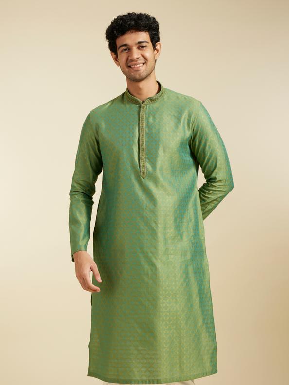 Diwas Men Forest Green Grid Patterned Kurta with Embroidered Neckline