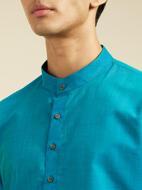 Diwas Men Turquoise Blue Linear Self Striped Kurta