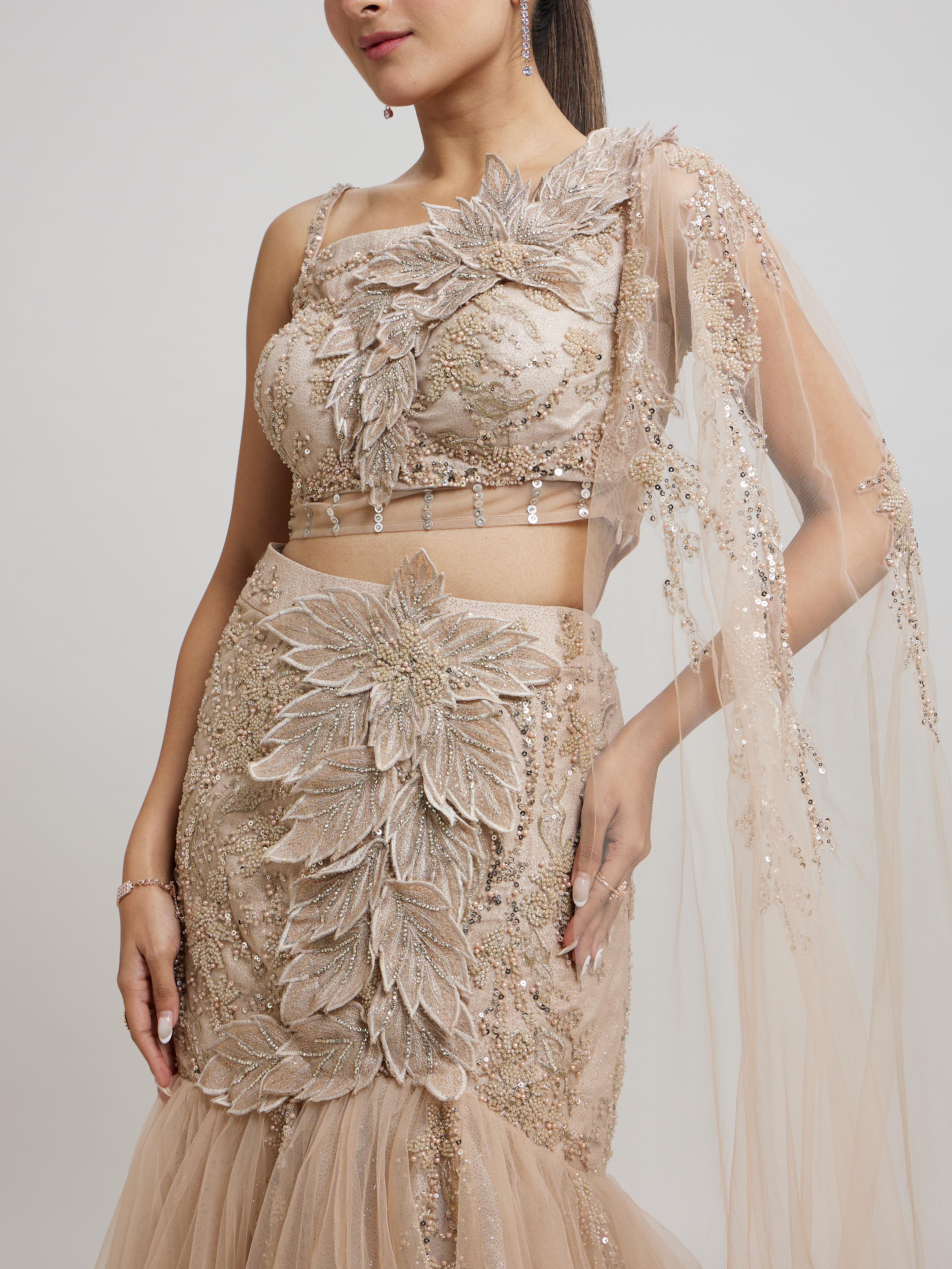 Twamev Women Beige Elegance Net Lehenga