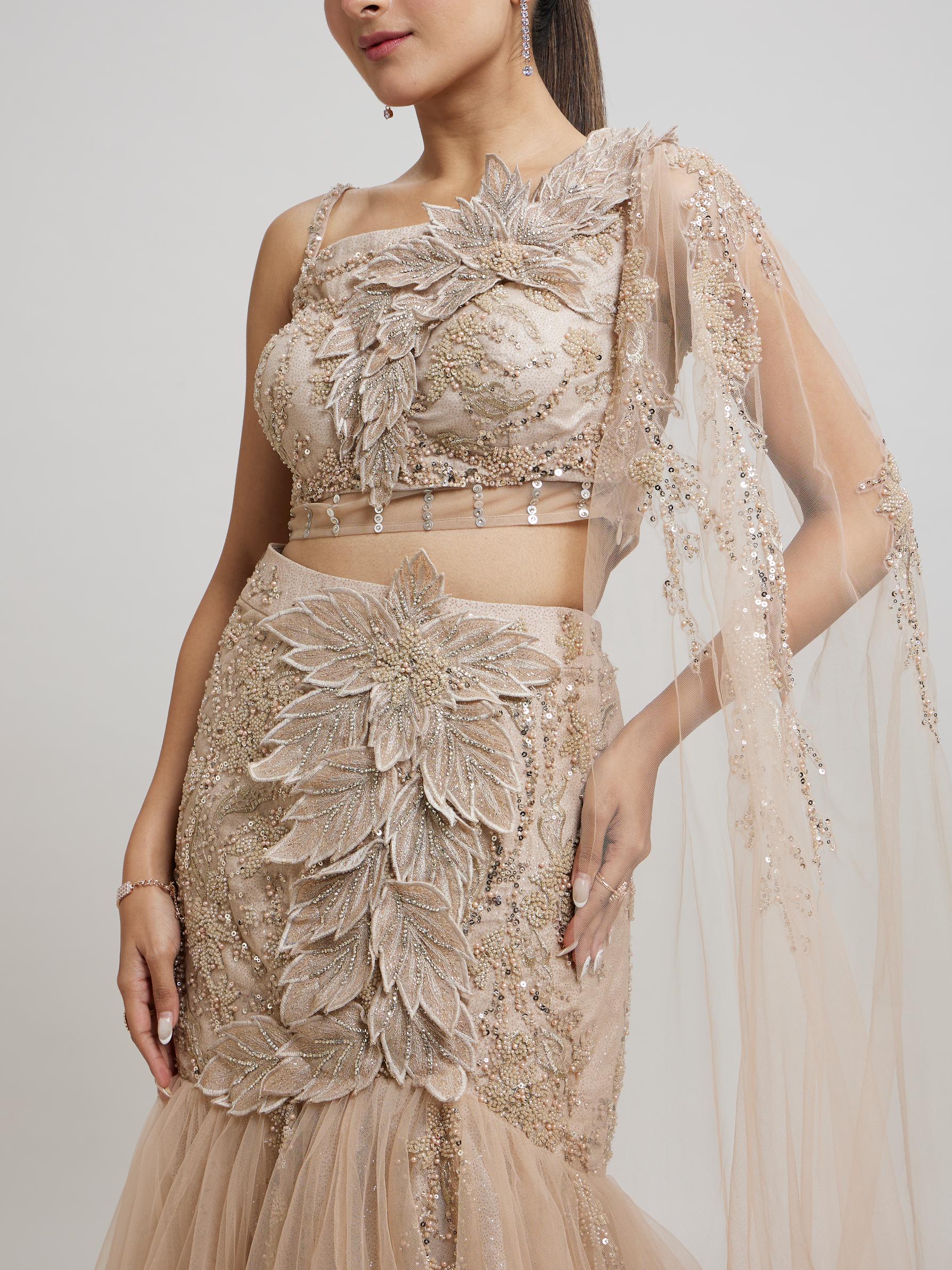 Twamev Women Beige Elegance Net Lehenga