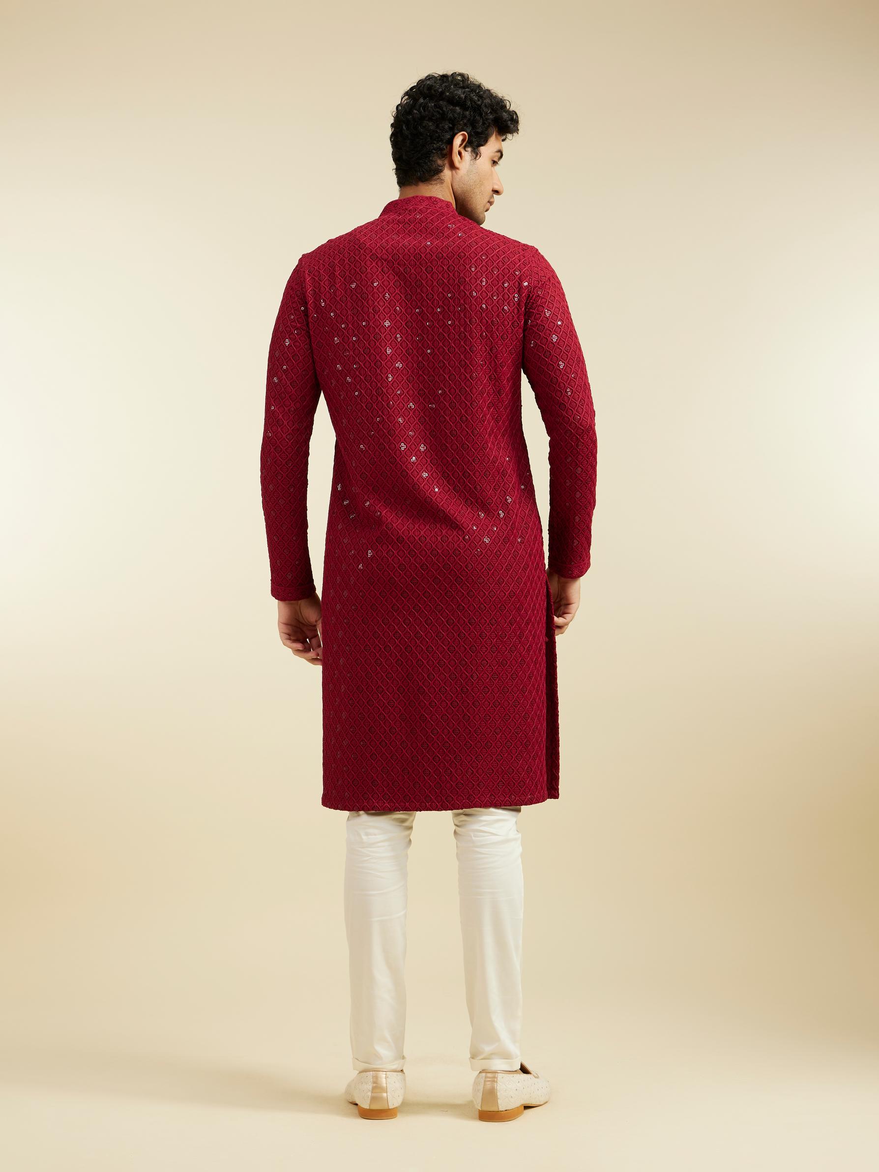 Diwas Men Maroon Red Chikankari Kurta With Sequins