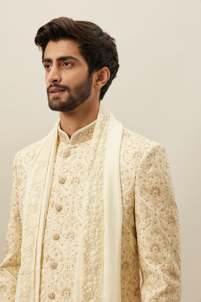 Twamev Men Beige Embroidered Sherwani Set