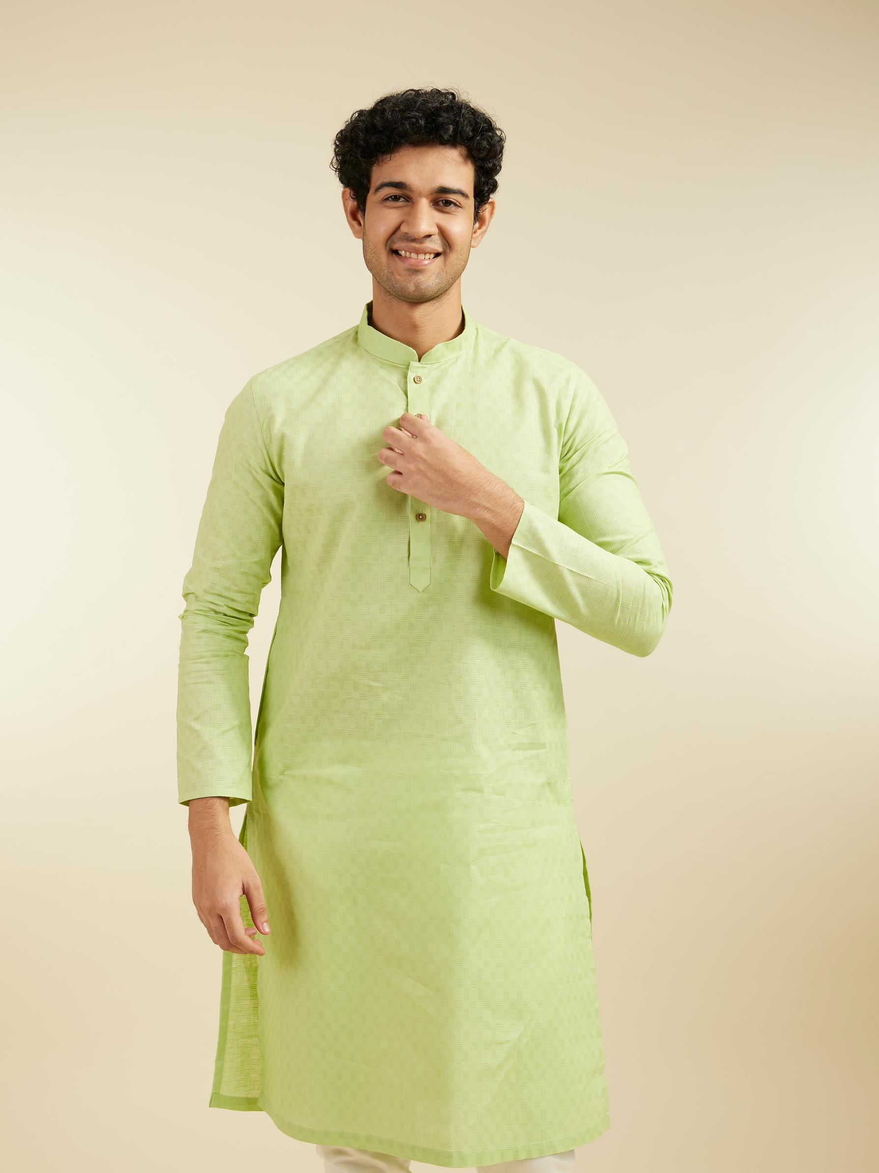 Diwas Men Soft Green Self Textured Kurta