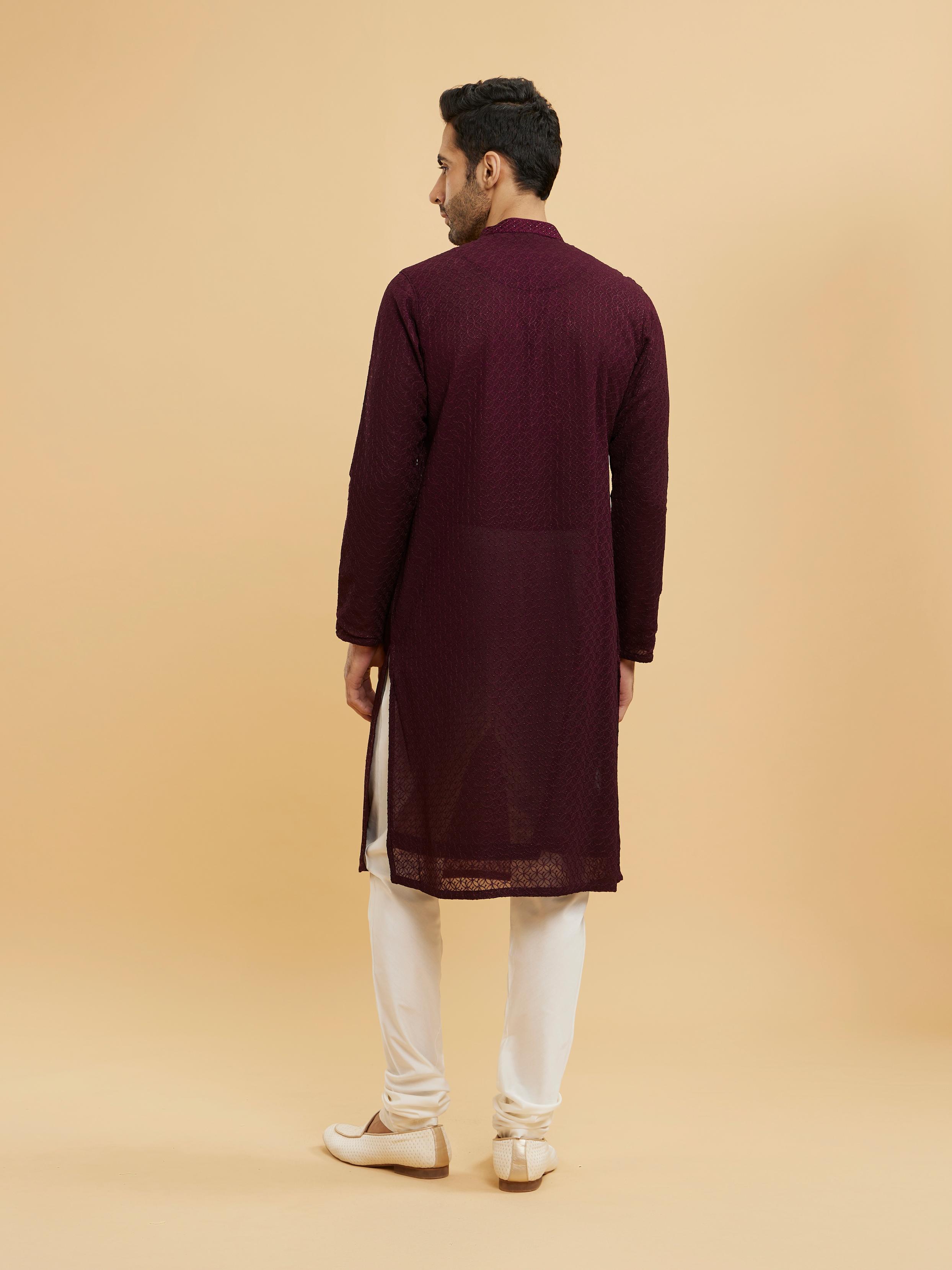 Twamev Men Wine Red Jaal Patterned Kurta Set with Embellished Placket