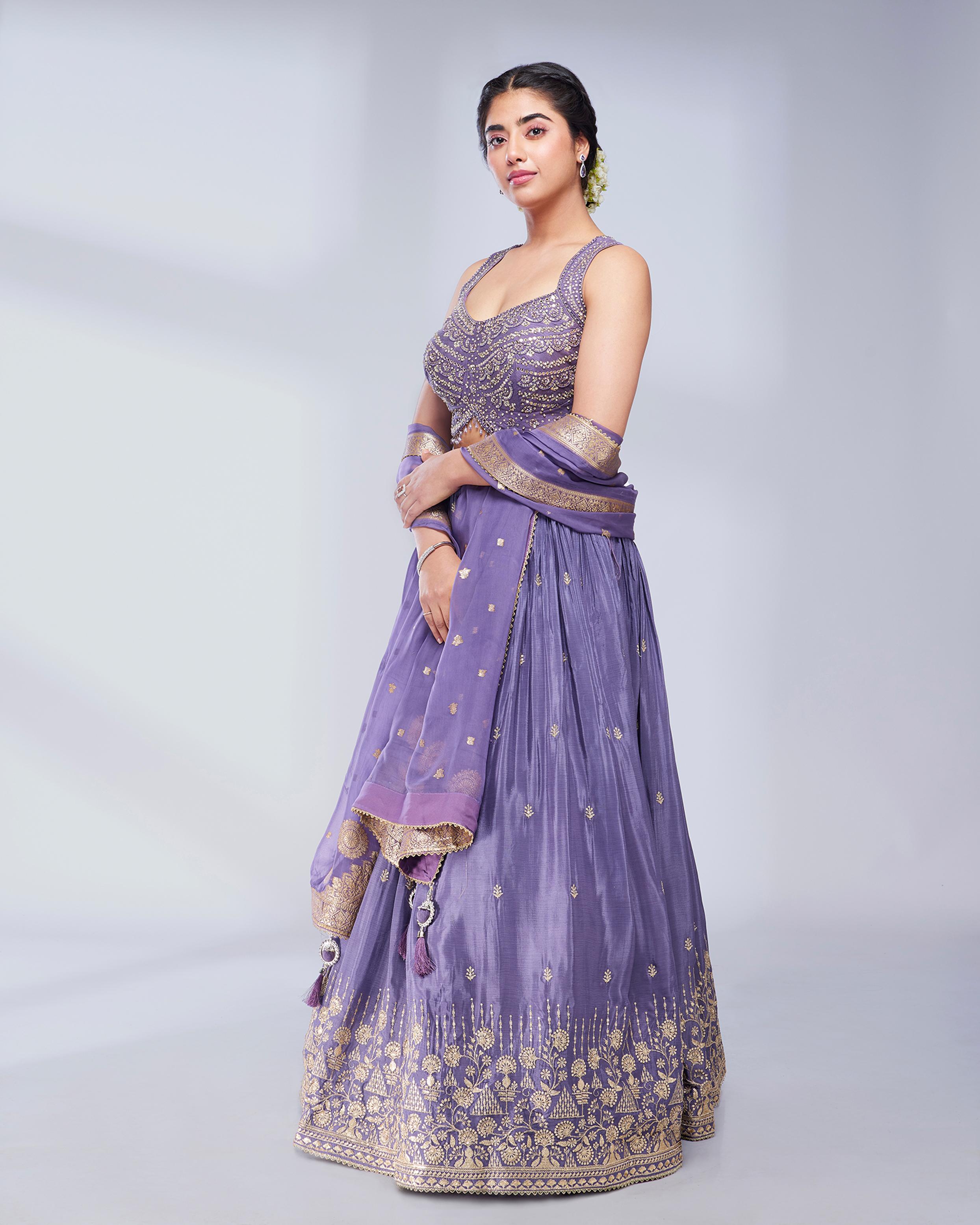 Twamev Women Purple Floral Buta Patterned Skirt Top with Mirror Work