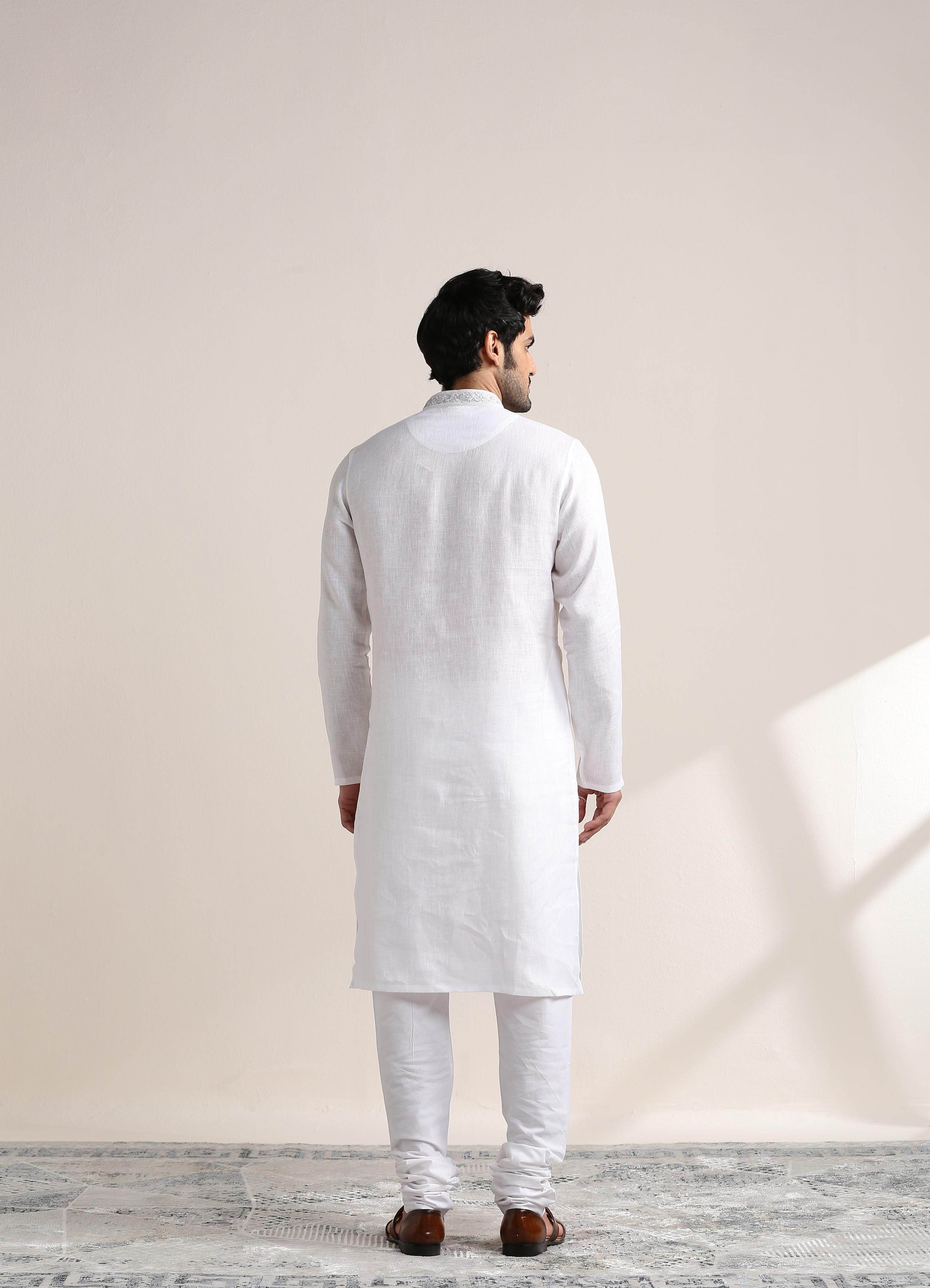 Twamev Men Soft Cream Embroidered Neck Kurta Set