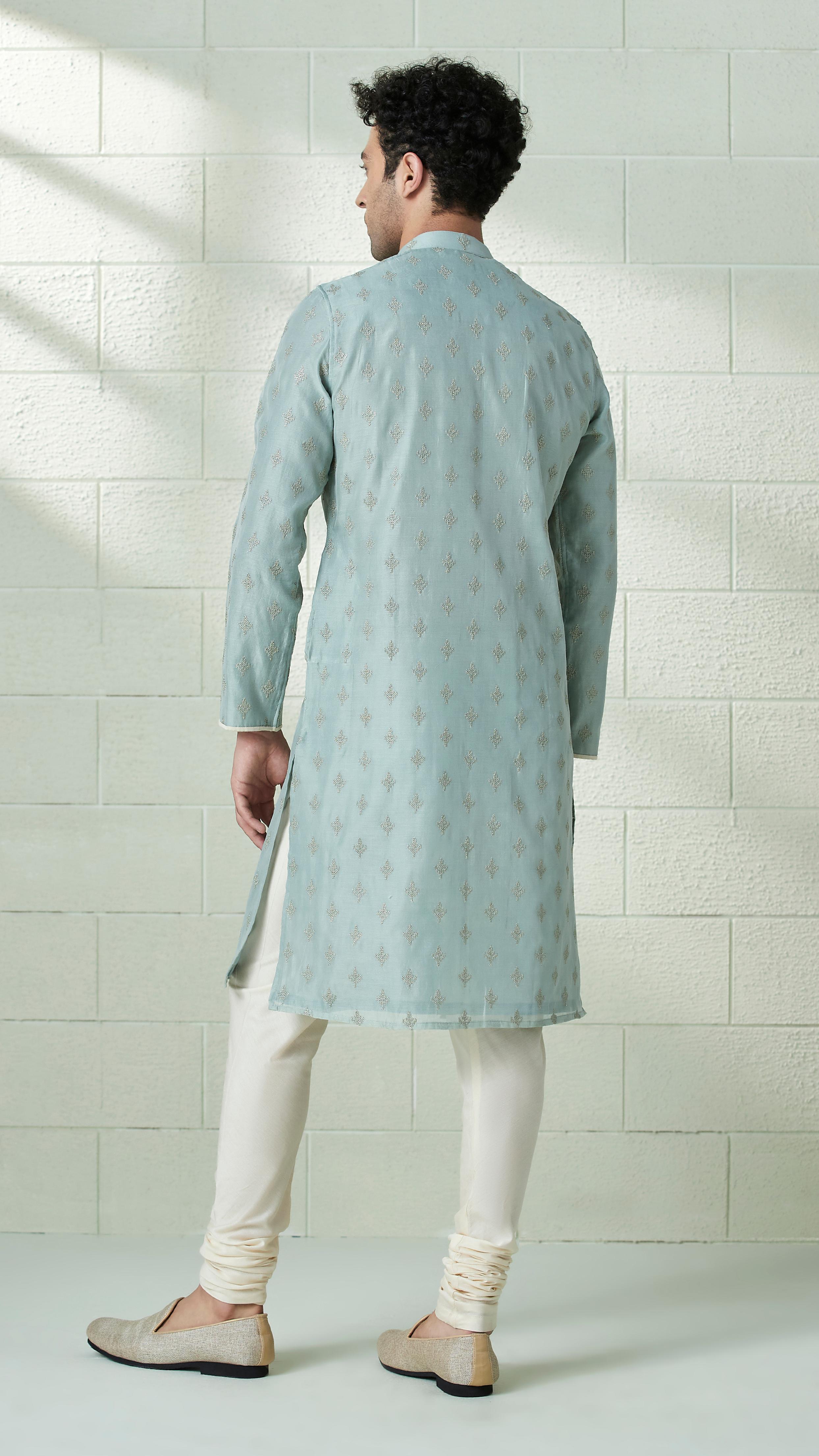 Twamev Men Light Teal Angrakha Style Kurta Set