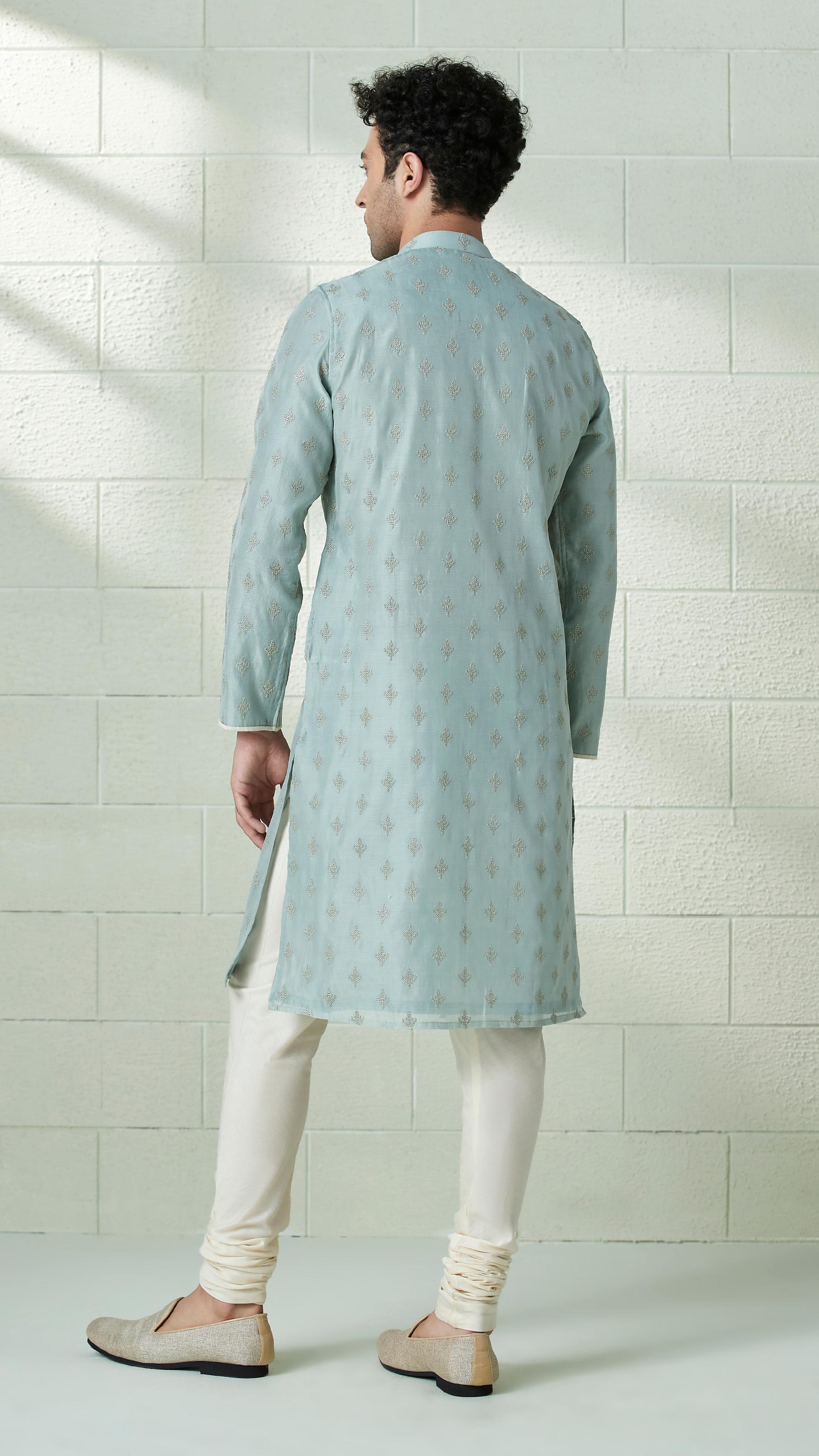 Twamev Men Light Teal Angrakha Style Kurta Set