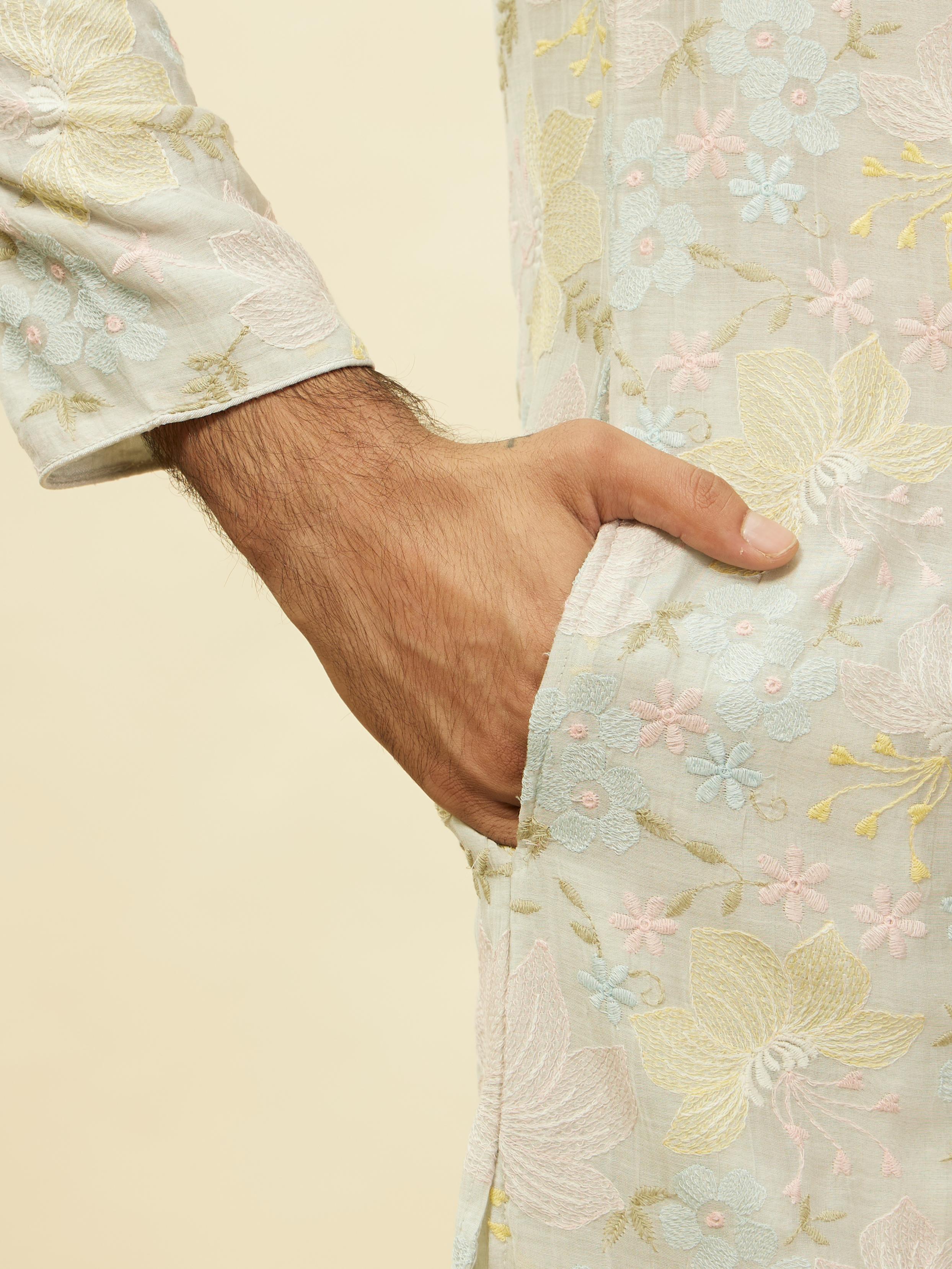 Twamev Men Soft Floral Grey Kurta Set