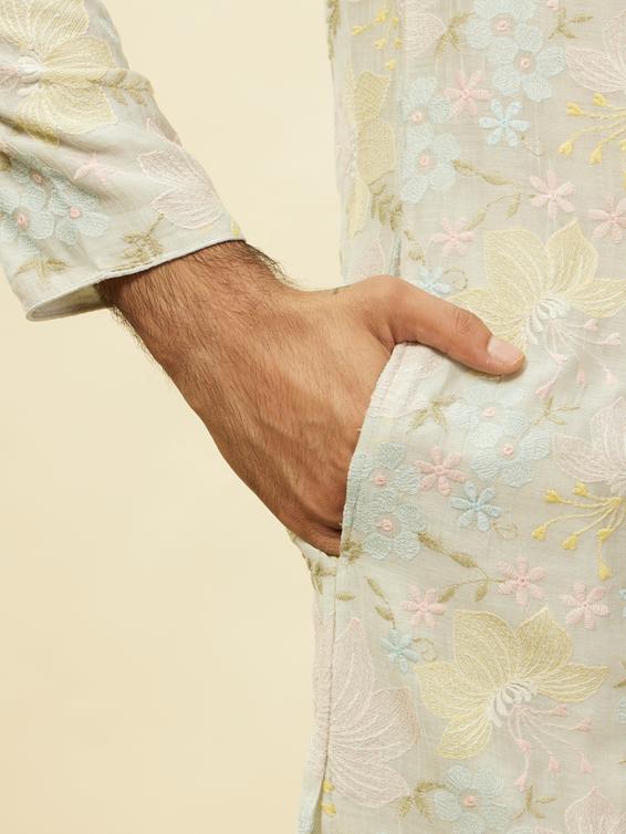 Twamev Men Soft Floral Grey Kurta Set