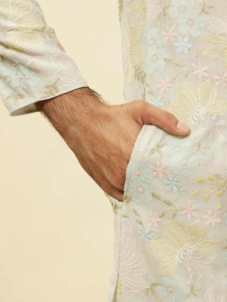Twamev Men Soft Floral Grey Kurta Set