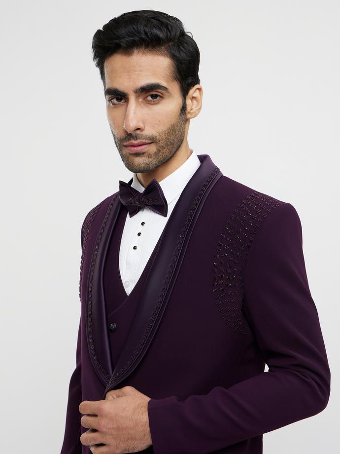 Twamev Men Wine Red Embroidered Suit Set with Rhinestone Work