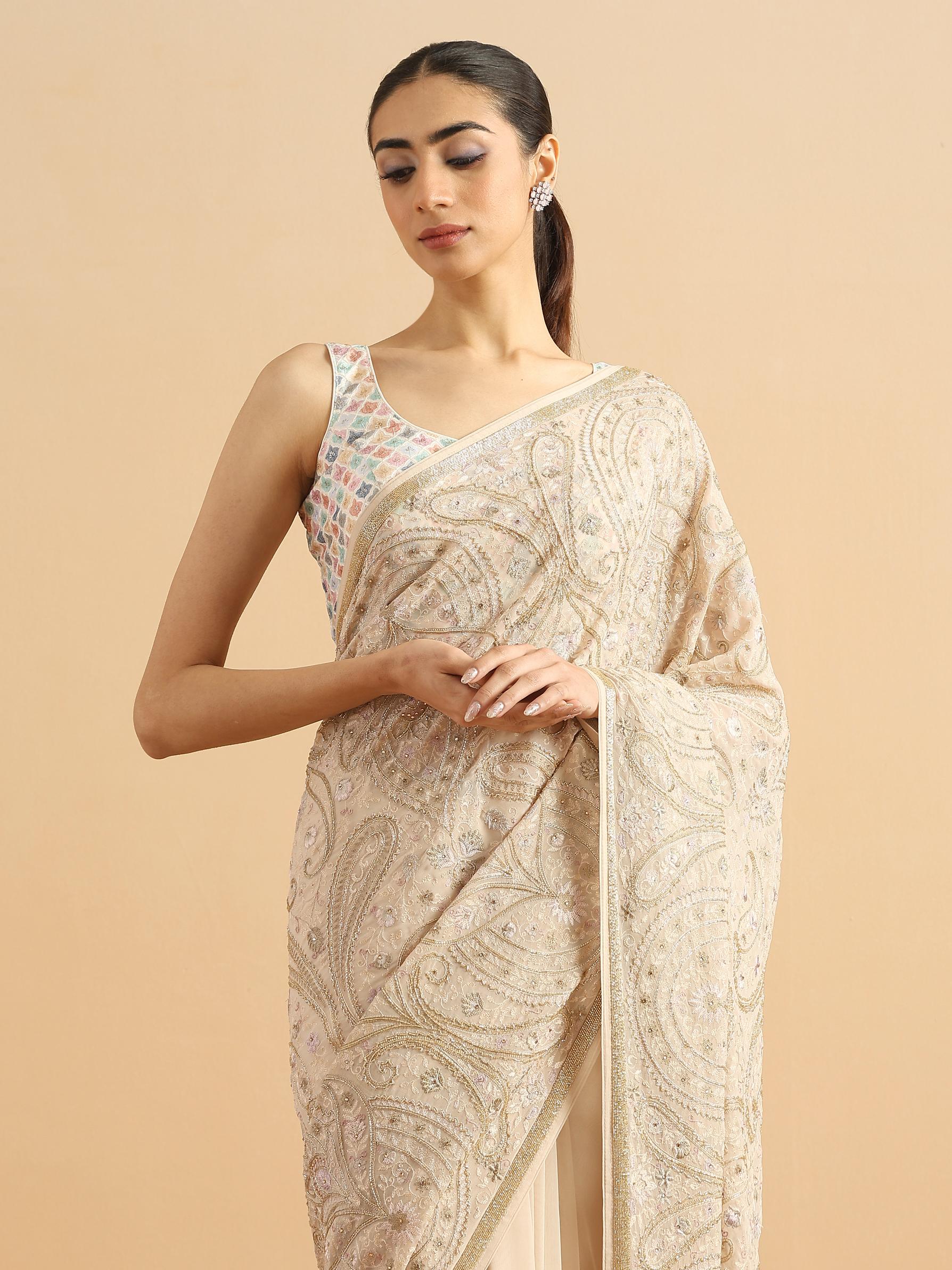 Twamev Women Graceful Cream Georgette Saree