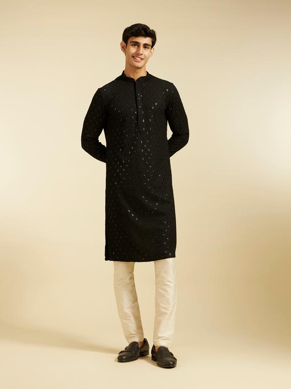 Diwas Men Midnight Black Chikankari Kurta With Sequins