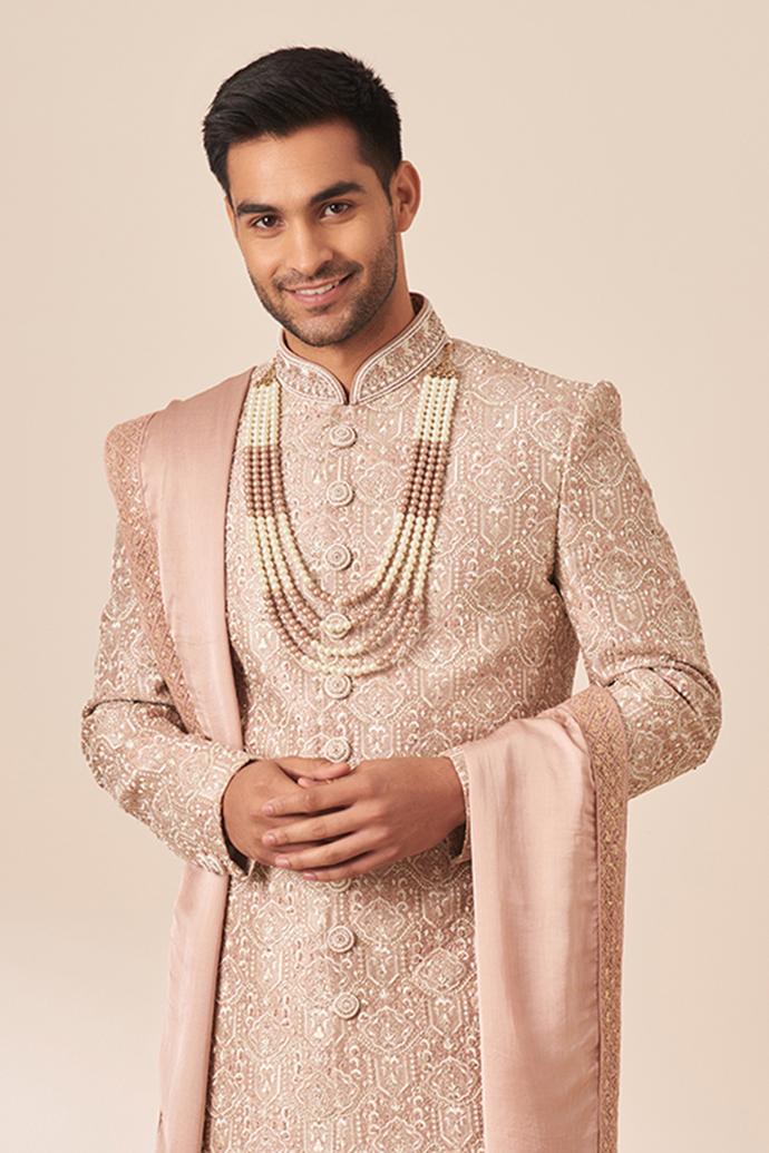 Twamev Men Faded Pink Embroidered Sherwani with Dupatta