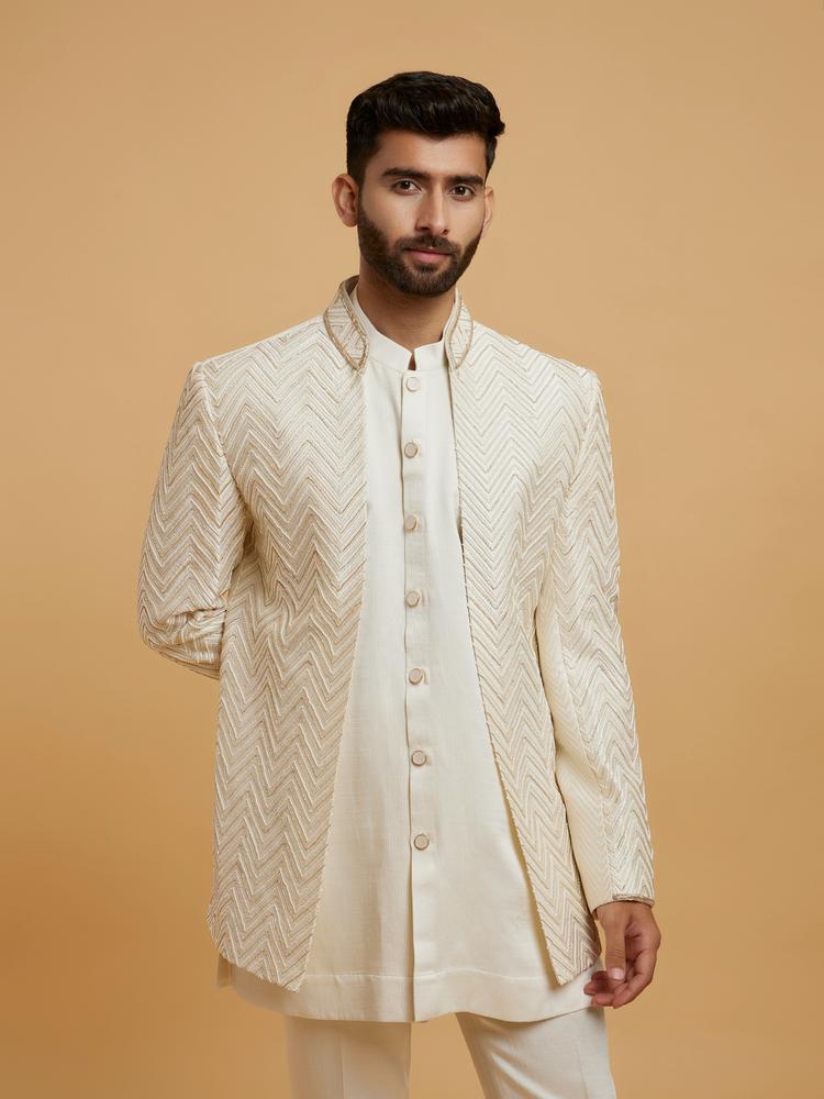 Twamev Men Glowing Cream Embellished Indo Western Set