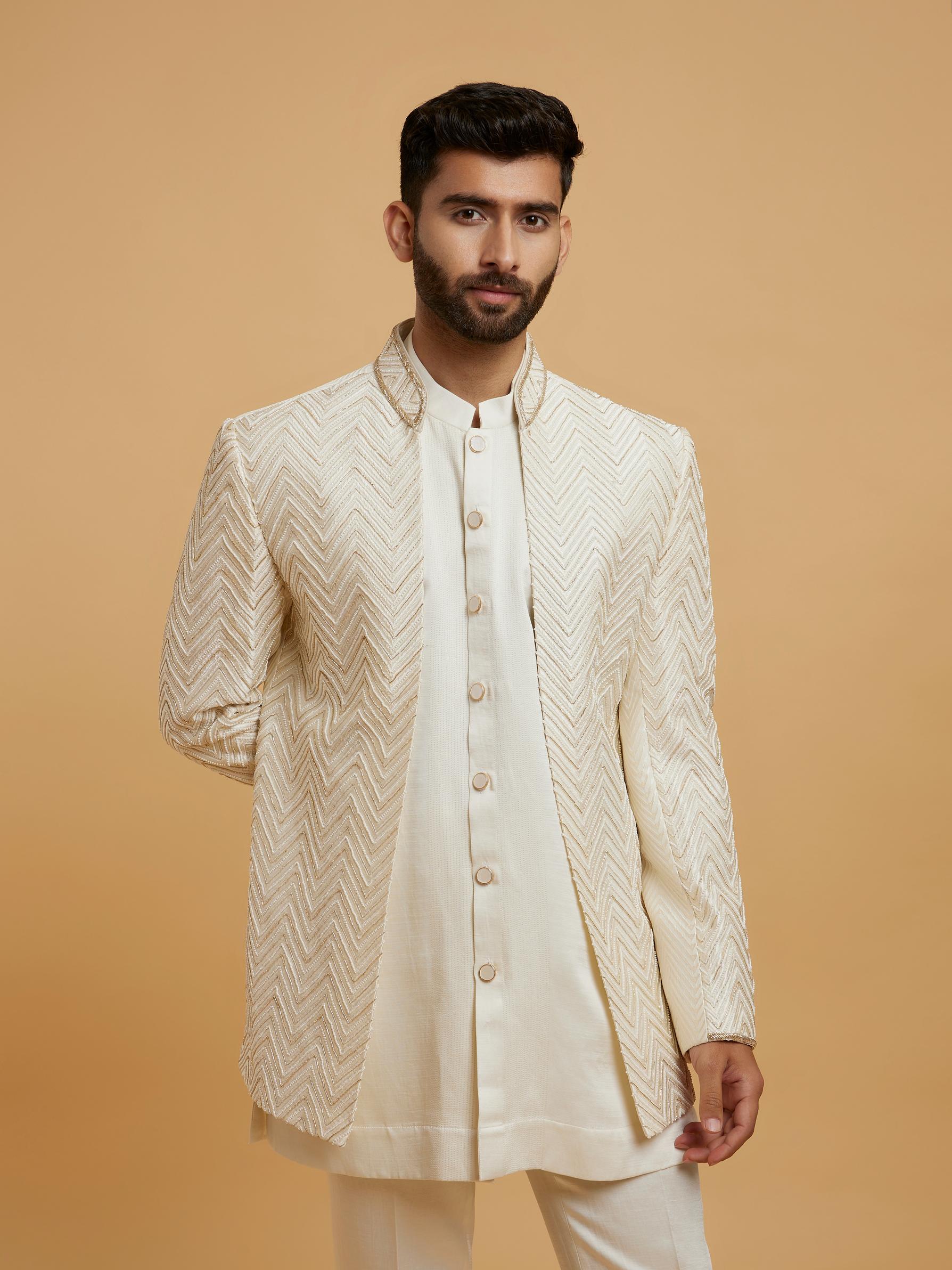 Twamev Men Glowing Cream Embellished Indo Western Set