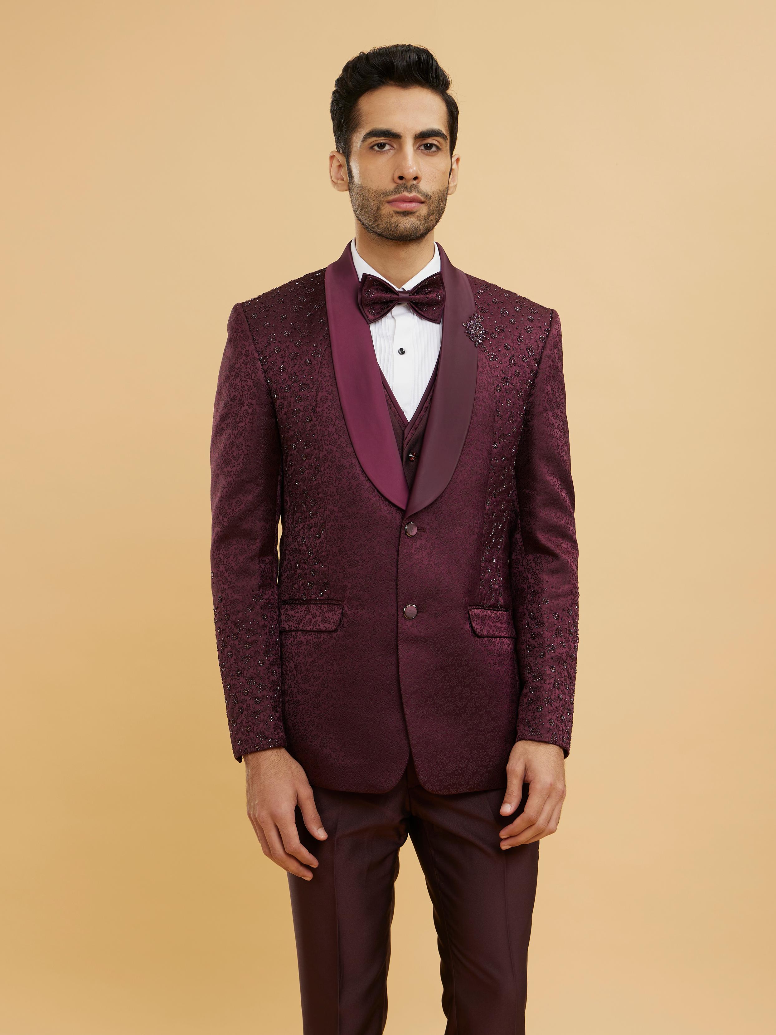 Twamev Men Wine Red Bel Buti Patterned Stone Work Designer Suit