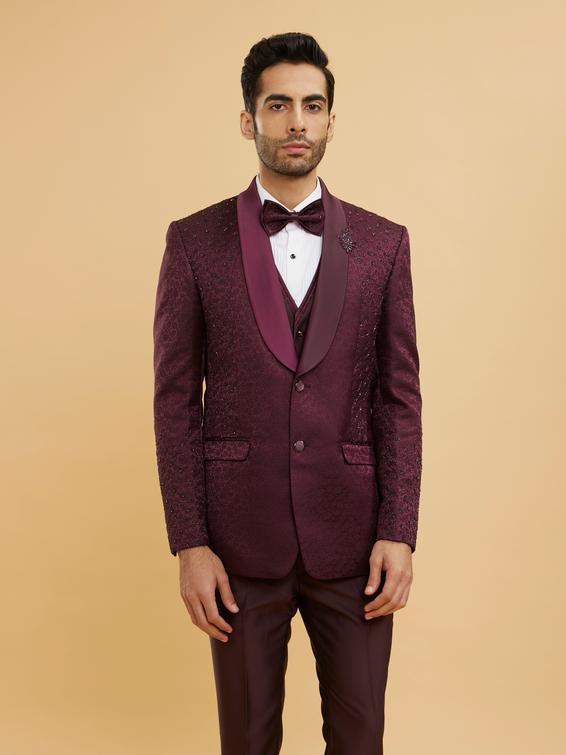 Twamev Men Wine Red Bel Buti Patterned Stone Work Designer Suit