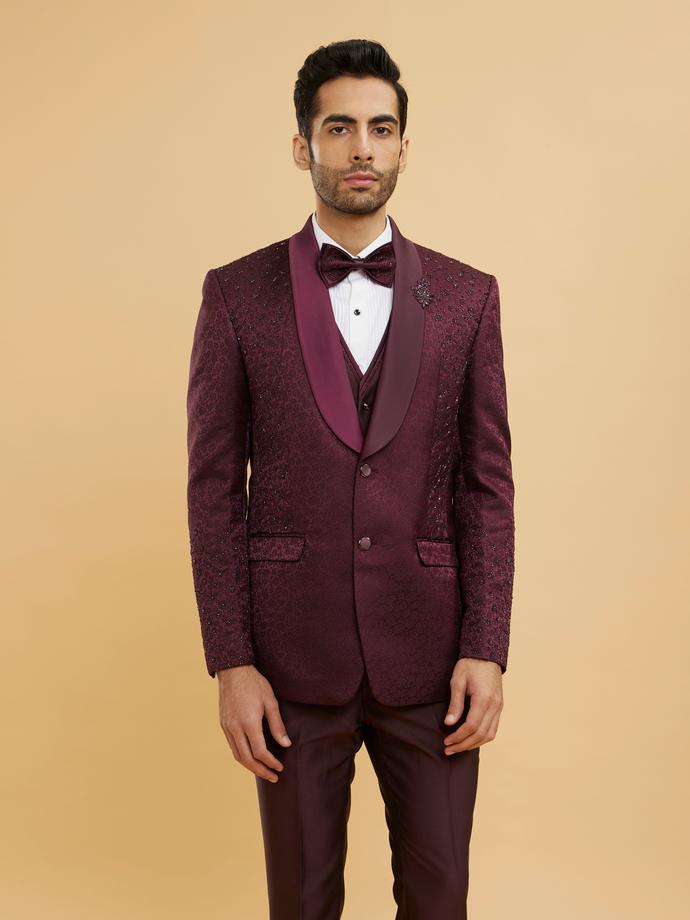 Twamev Men Wine Red Bel Buti Patterned Stone Work Designer Suit