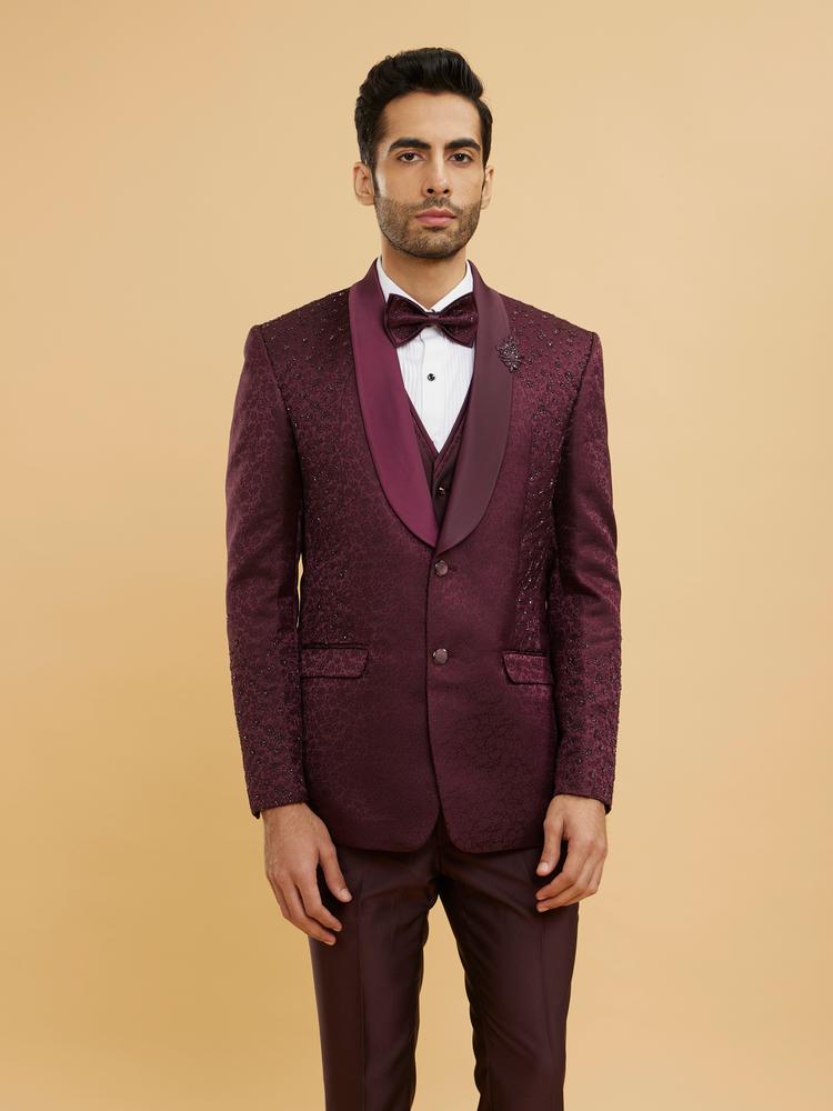 Twamev Men Wine Red Bel Buti Patterned Stone Work Designer Suit