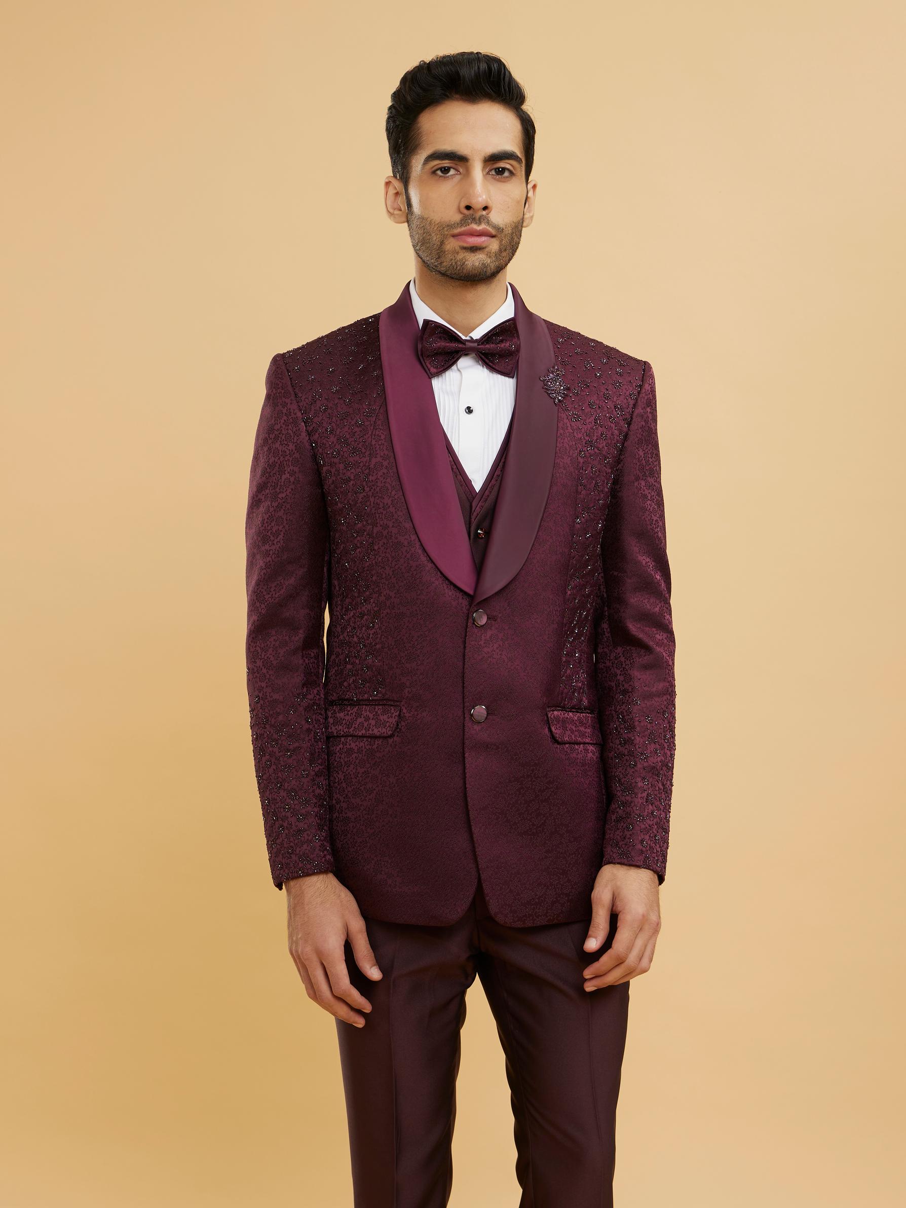 Twamev Men Wine Red Bel Buti Patterned Stone Work Designer Suit