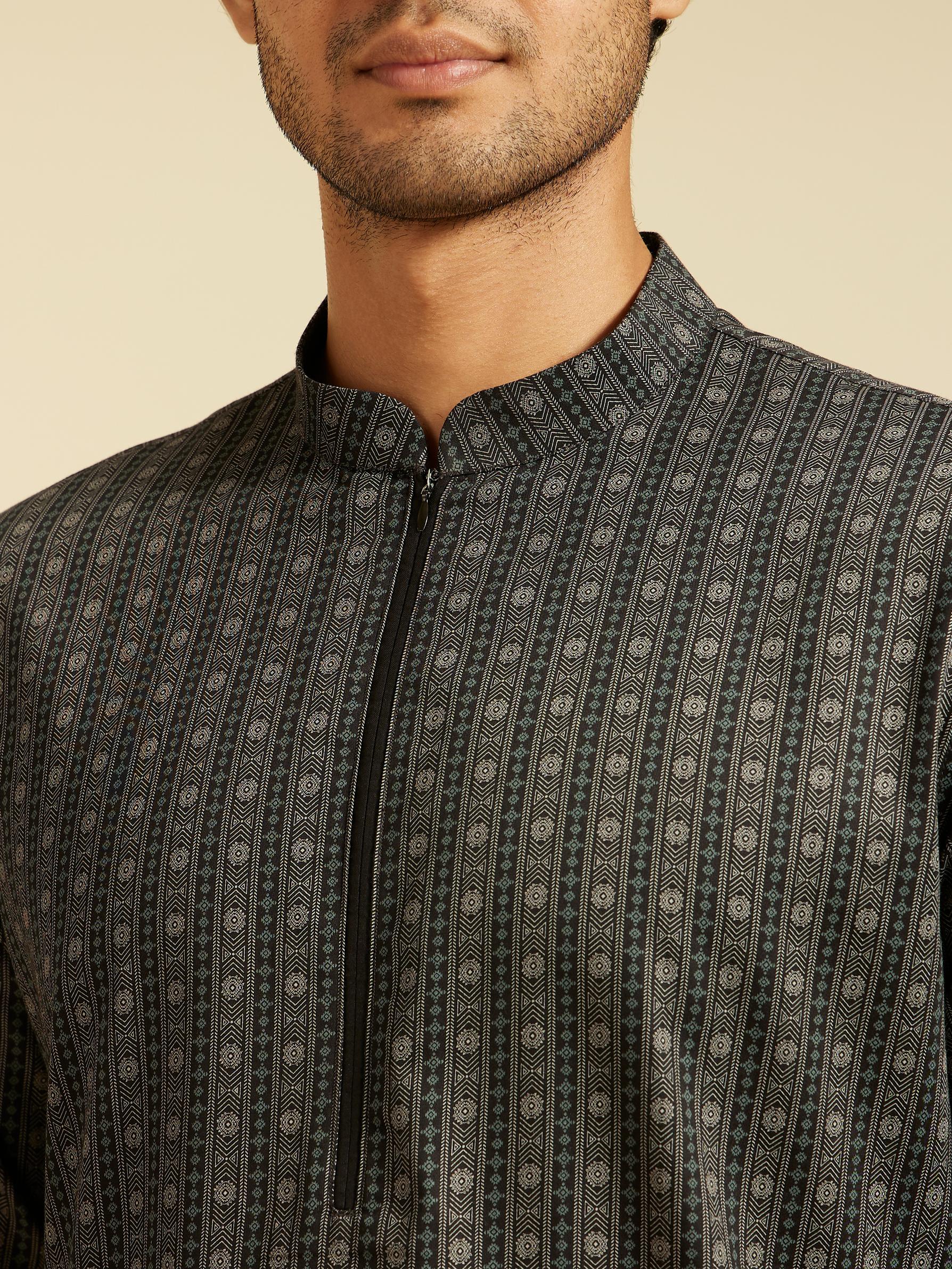 Diwas Men Charcoal Black Linear Printed Kurta