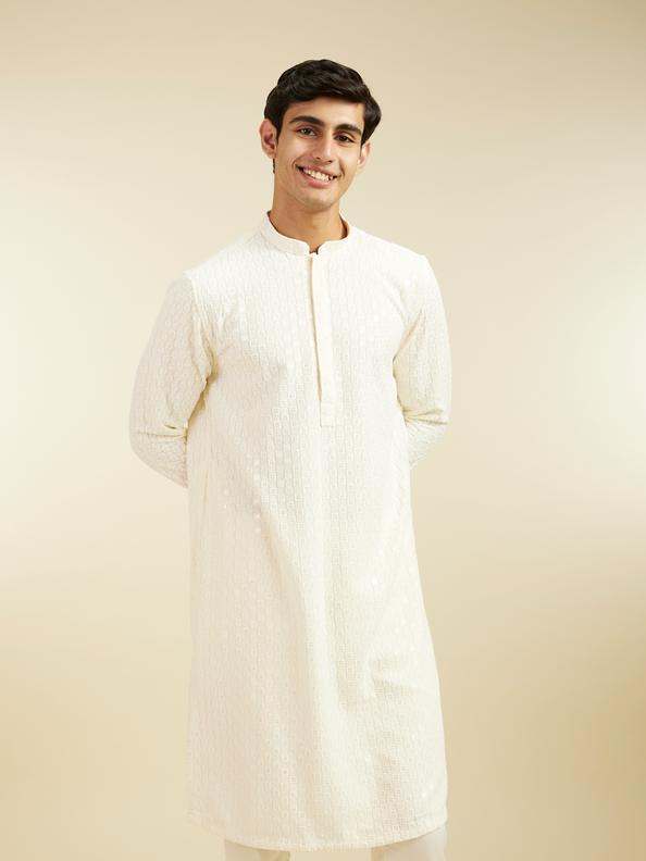 Diwas Men Ivory Cream Chikankari Sequinned Kurta