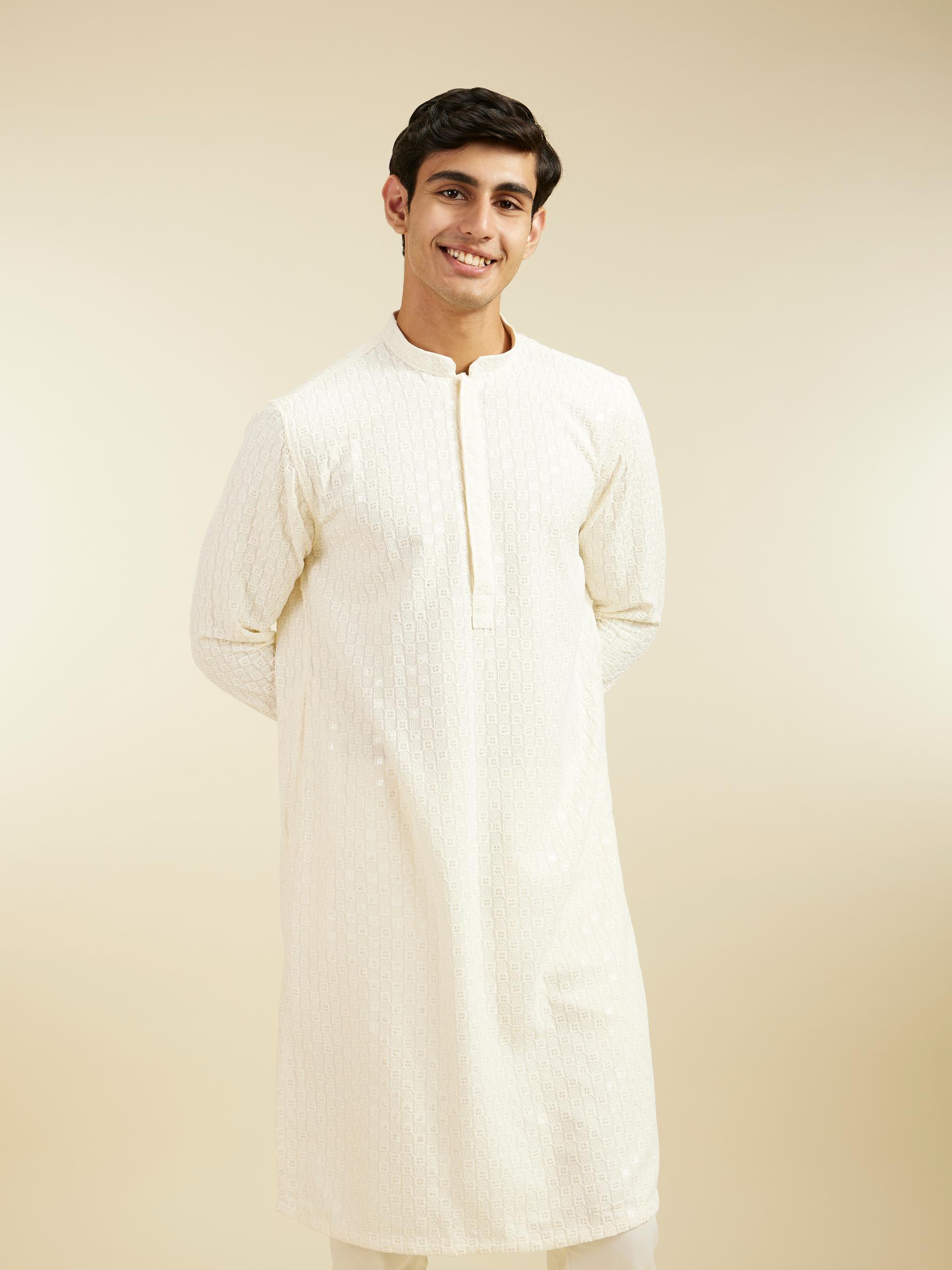 Diwas Men Ivory Cream Chikankari Sequinned Kurta