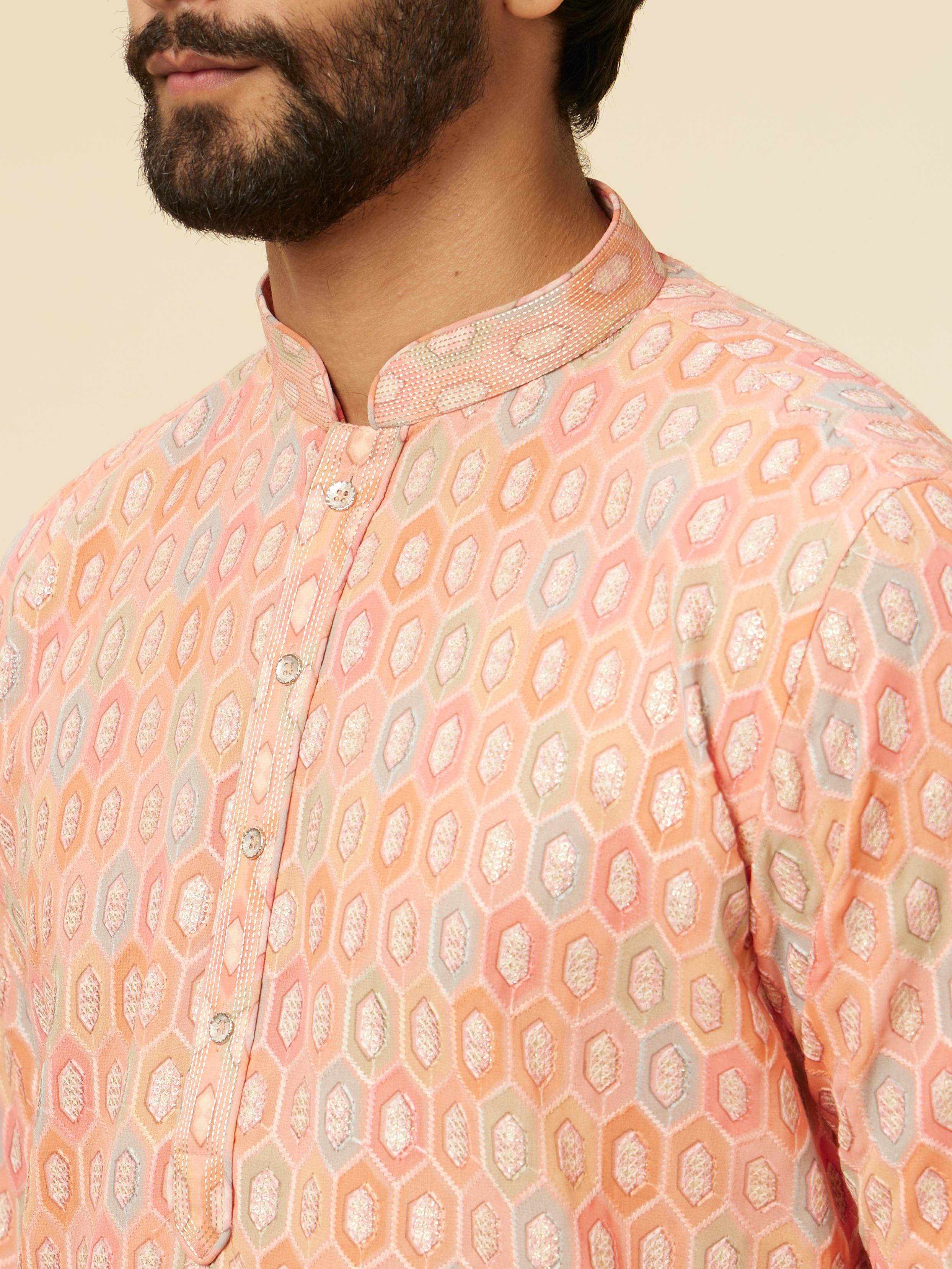 Twamev Men Peach Hexagonal Patterned Kurta Set