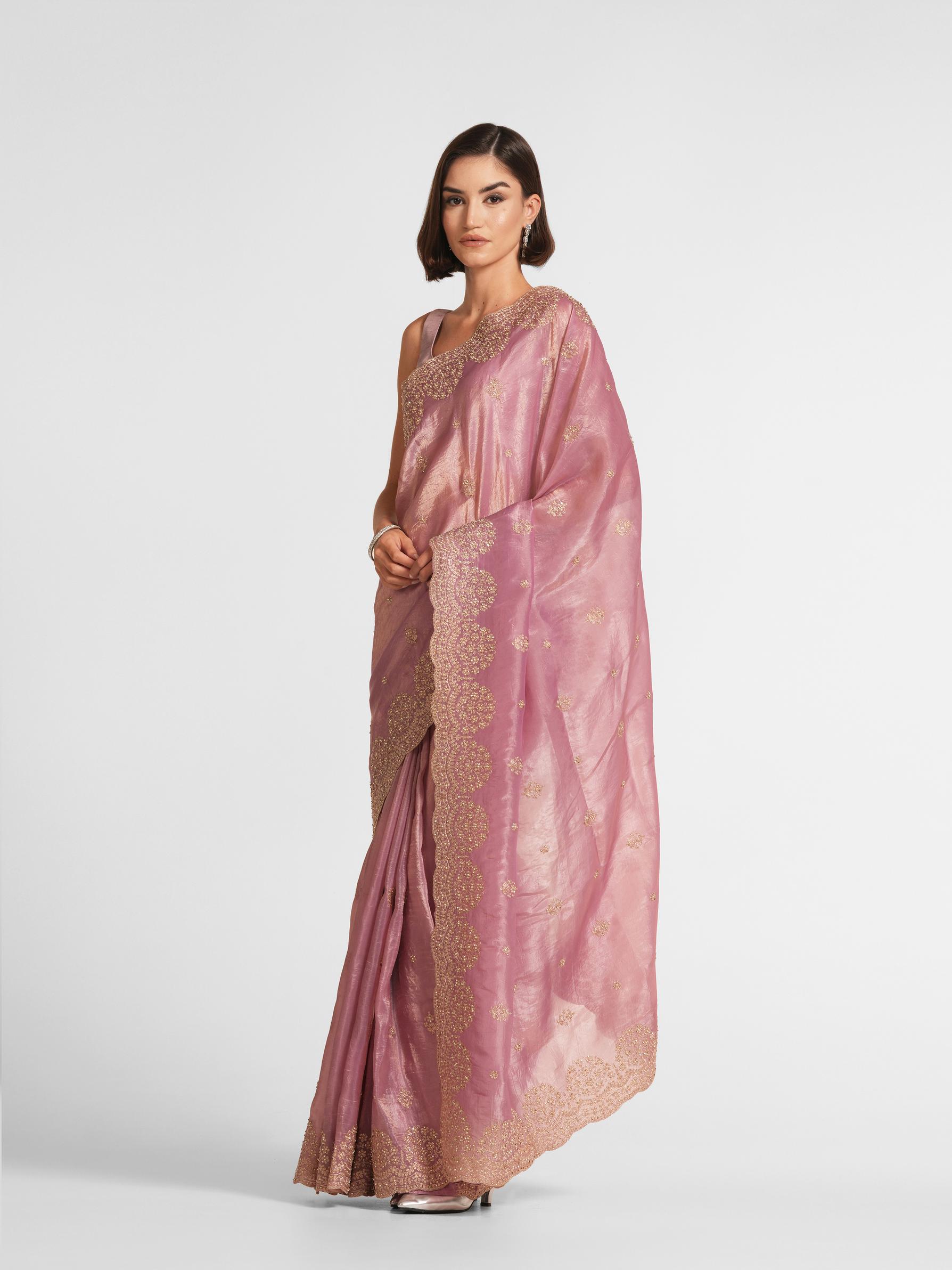 Twamev Women Dusty Pink Swirl Organza Saree