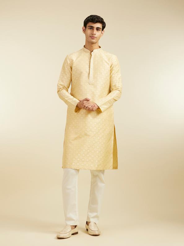 Diwas Men Sand Beige Grid Patterned Kurta with Embroidered Neckline
