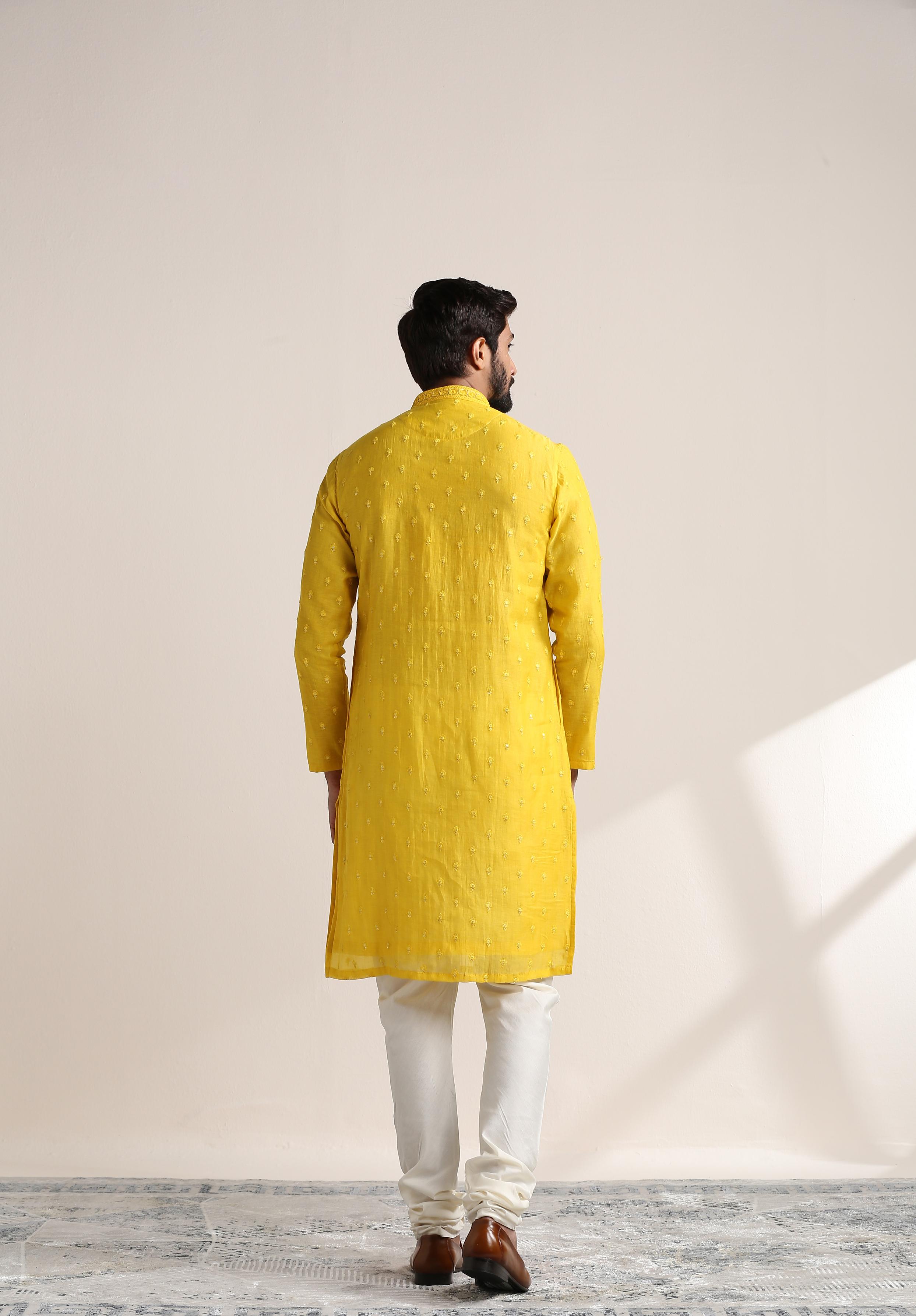 Twamev Men Vibrant Yellow Self Embroidered Kurta Set